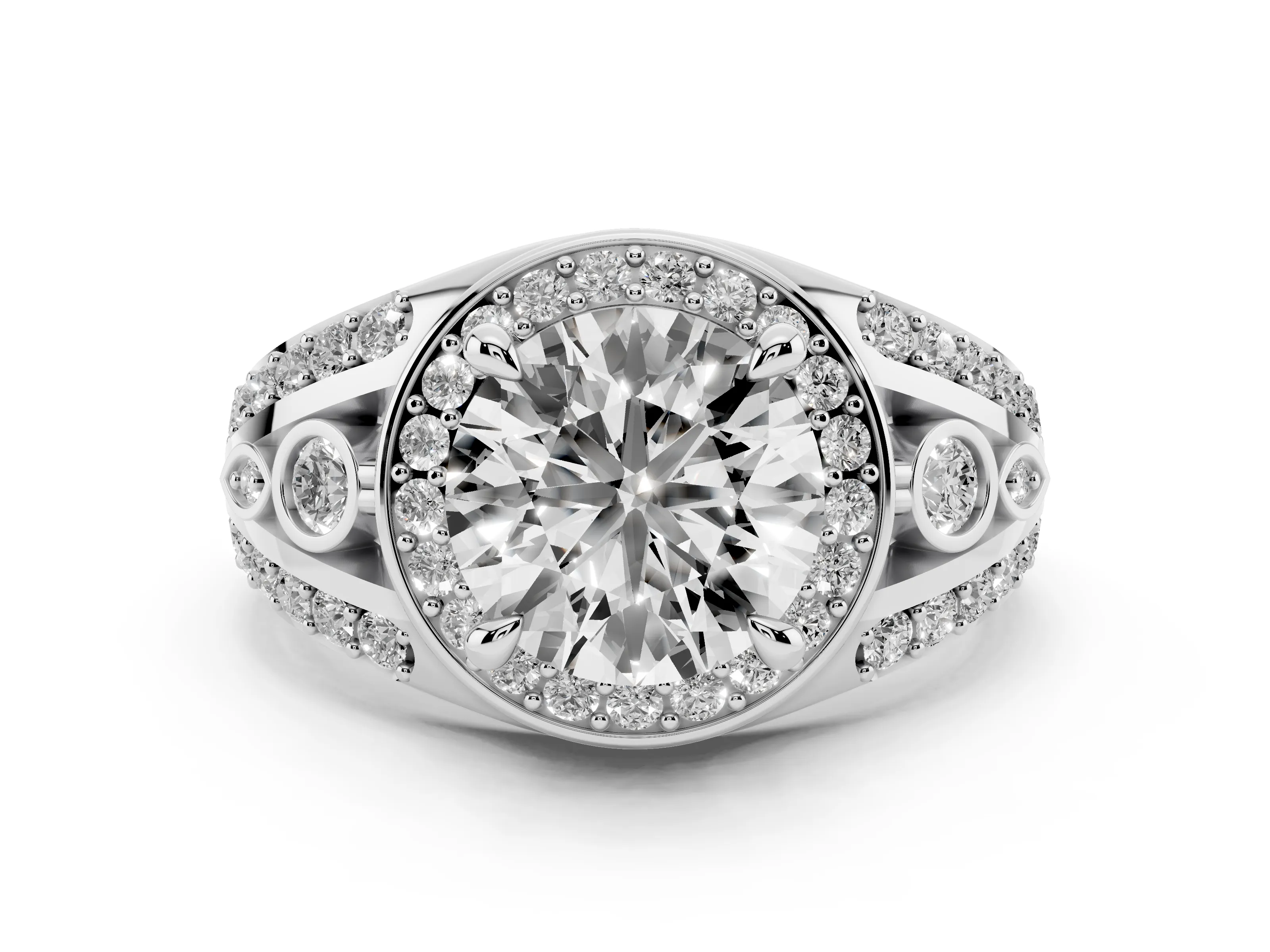 Round Cut Diamond Halo Ring Set in Silver with Pavé Split Shank and Bezel Accents