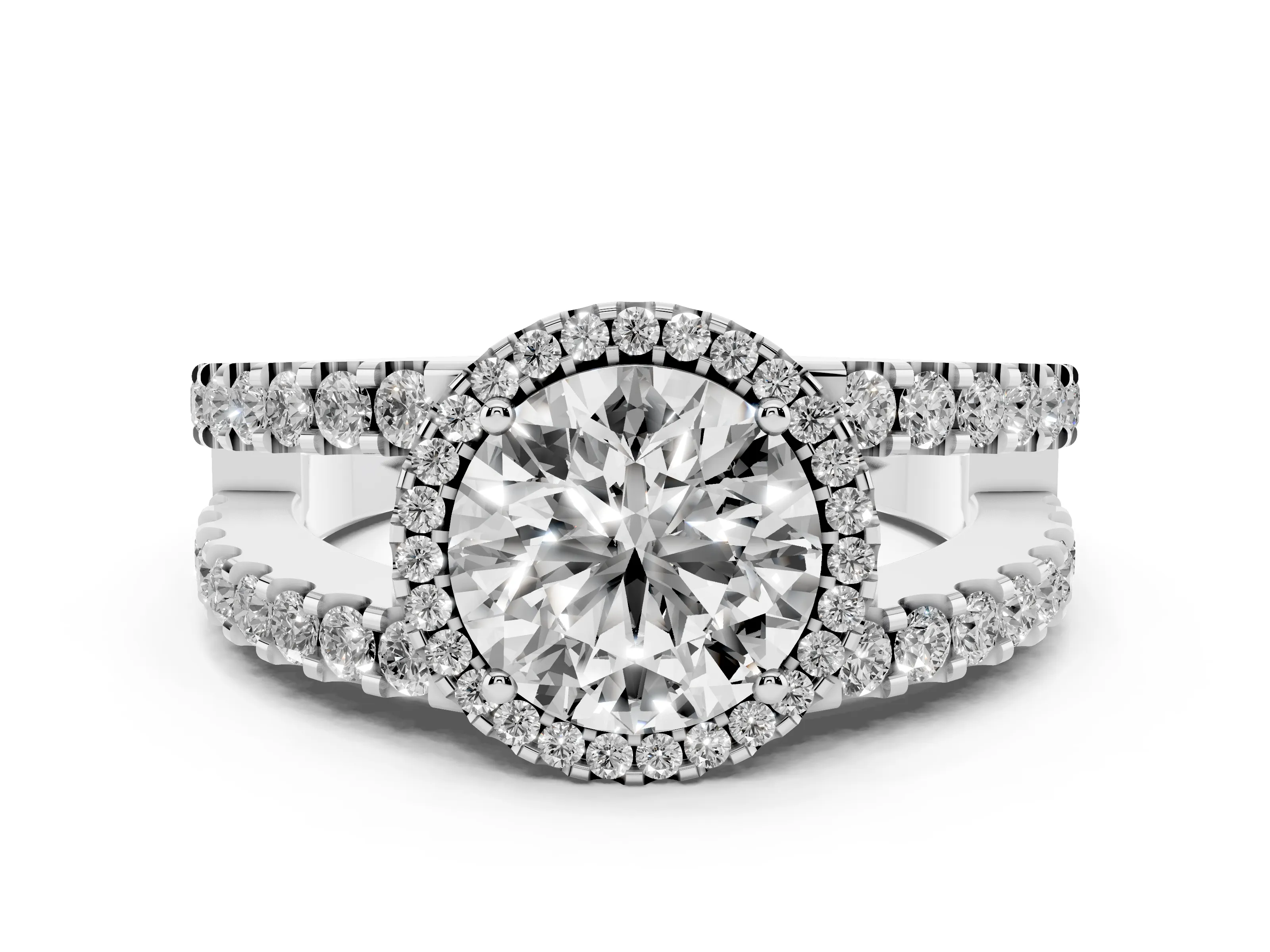 Round Cut Diamond Halo Ring Set in White gold with Pavé Split Shank and Prong Setting
