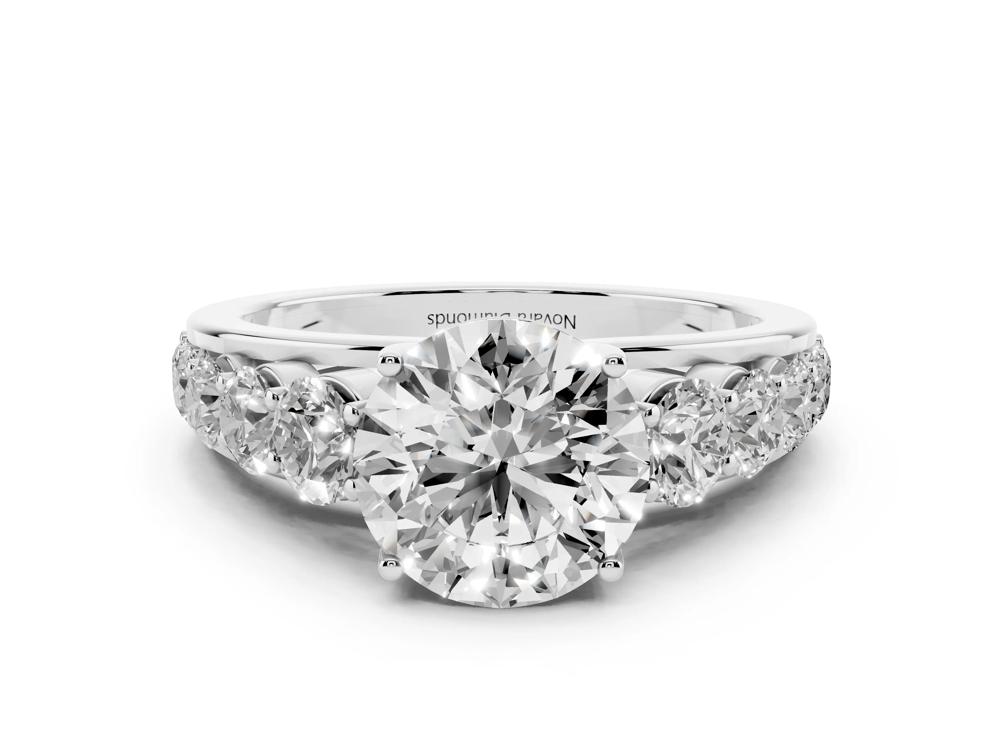 Round Cut Diamond Solitaire Ring Set in Platinum with Pavé-Set Band and Prong Setting