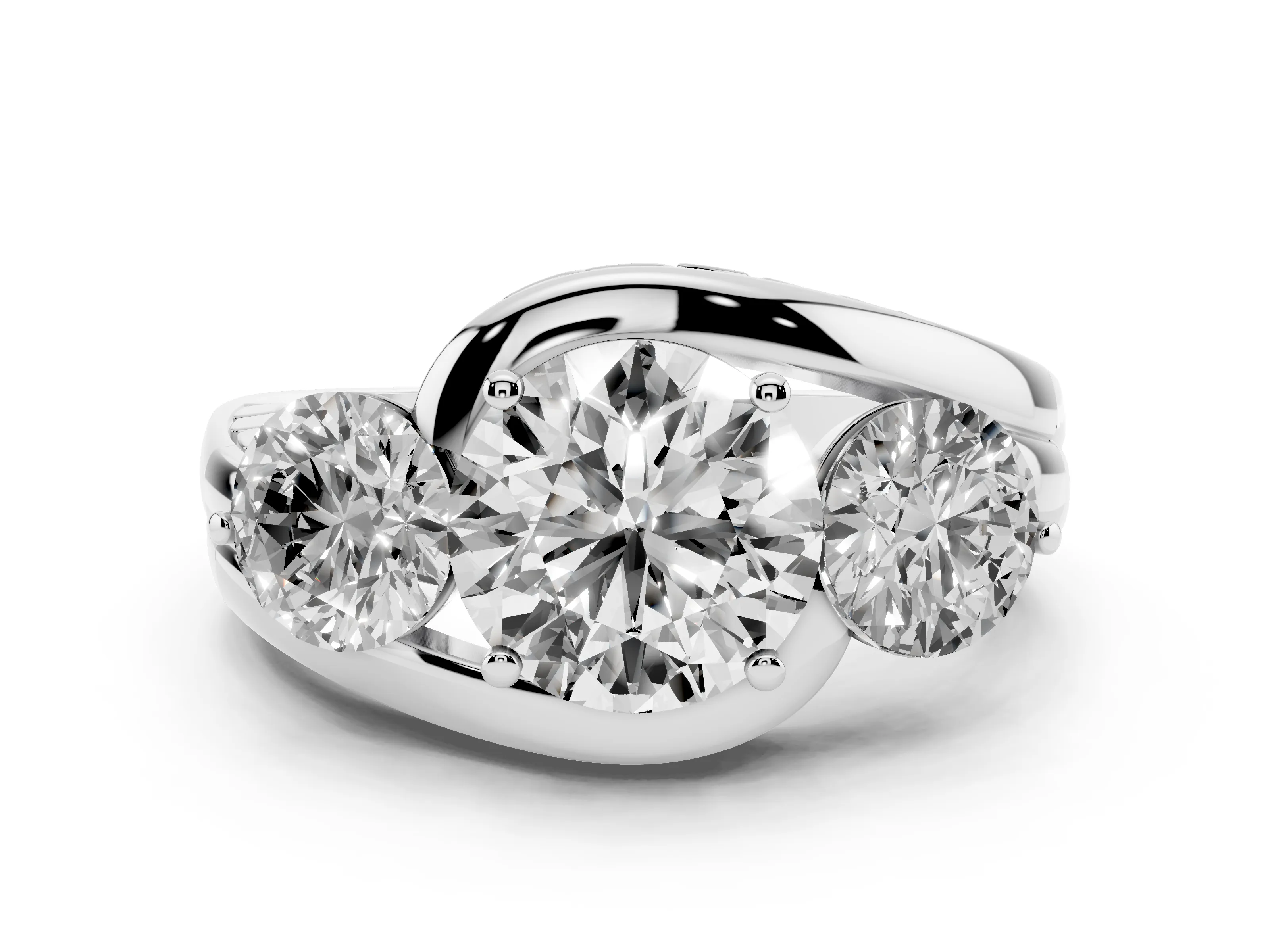 Round Cut Diamond Three-Stone Ring Set in Platinum with Plain Split Shank