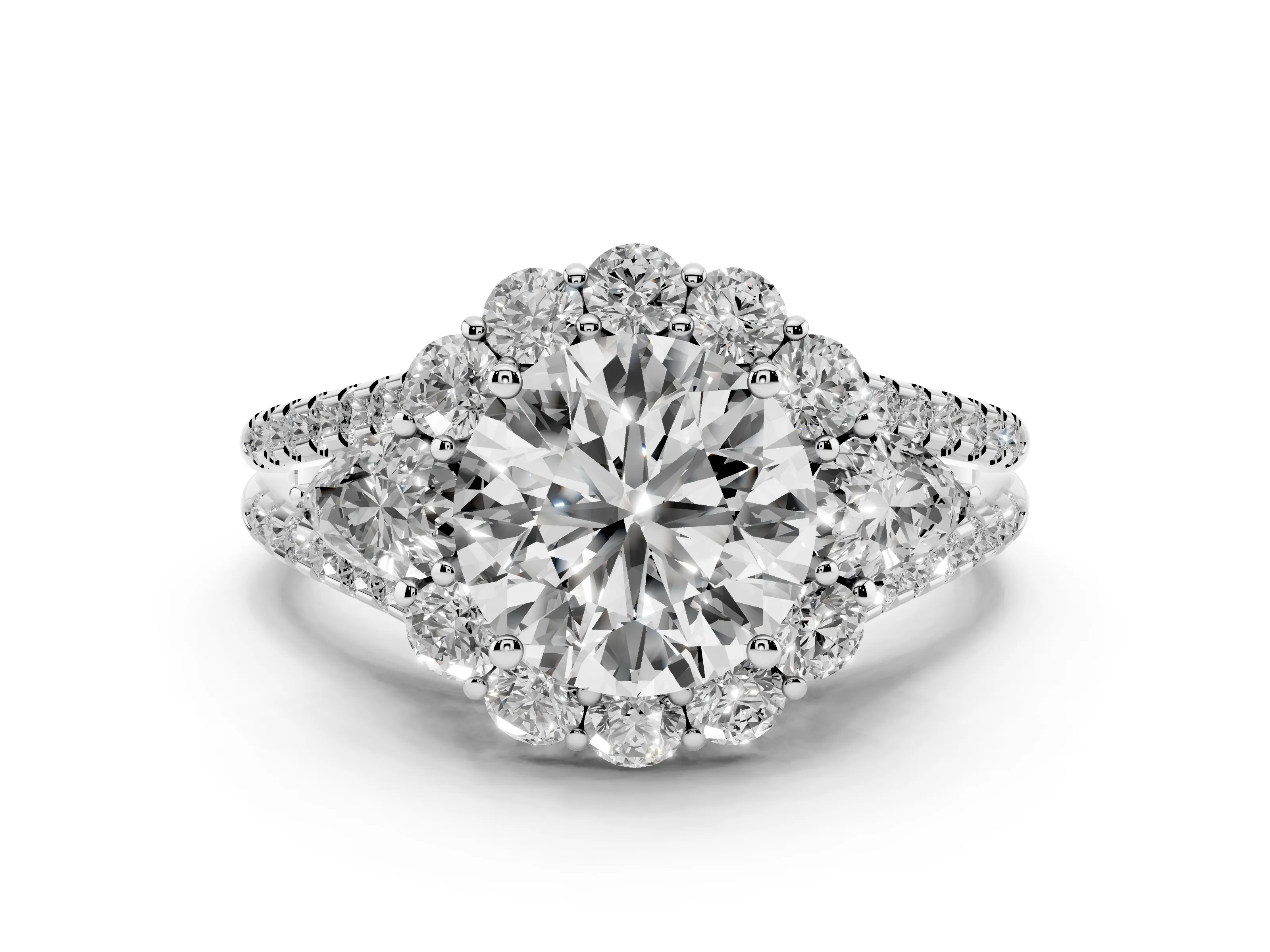 Round Cut Diamond Halo Split Shank Engagement Ring Set in Platinum with Prong-Held Center Stone