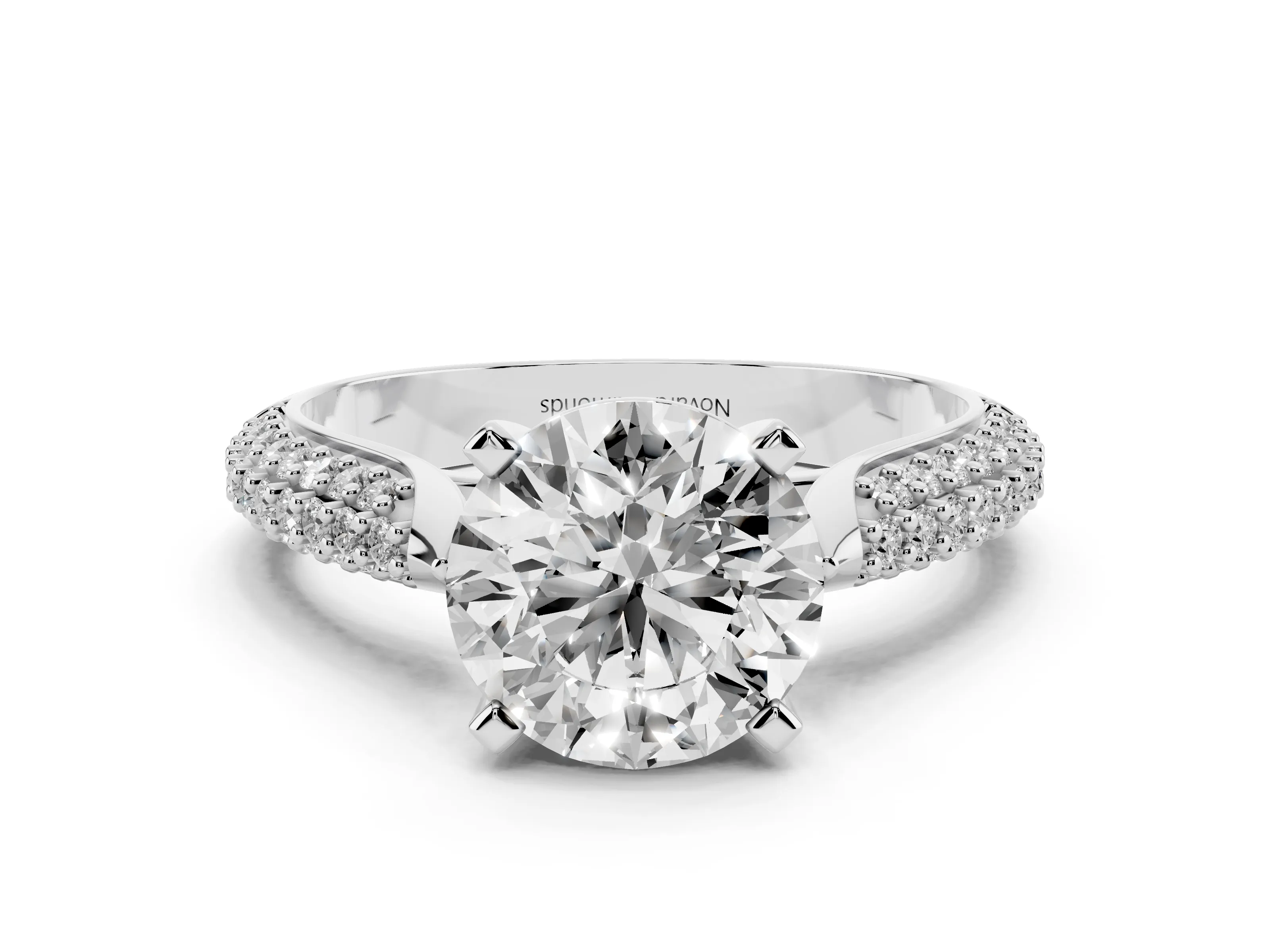 Round Cut Diamond Solitaire Engagement Ring Set in Platinum with Multi-Row Round Pavé Band and Prong Setting