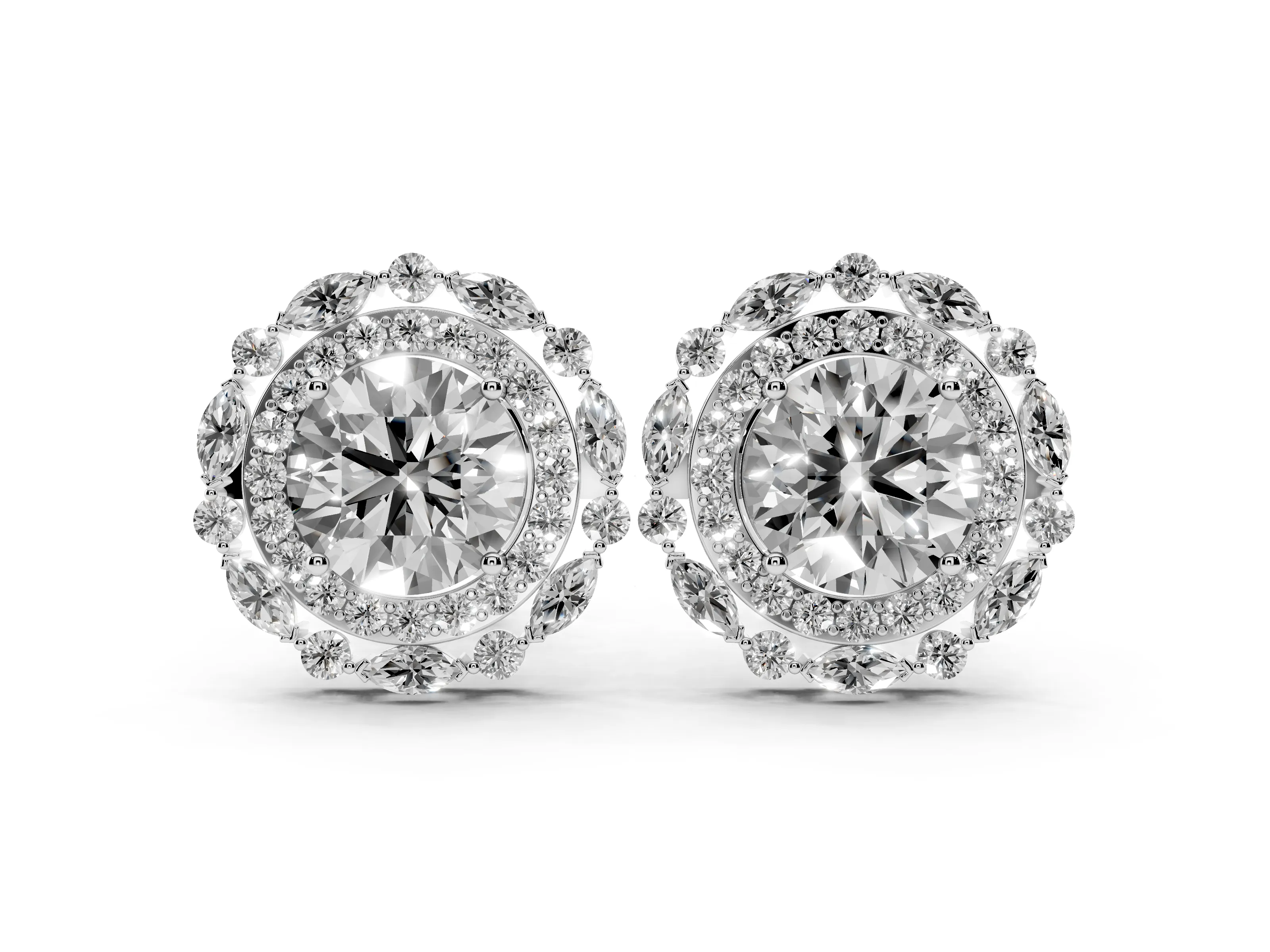 Round Lab-Grown Diamond Double Halo Stud Earrings | Marquise Accents | Platinum