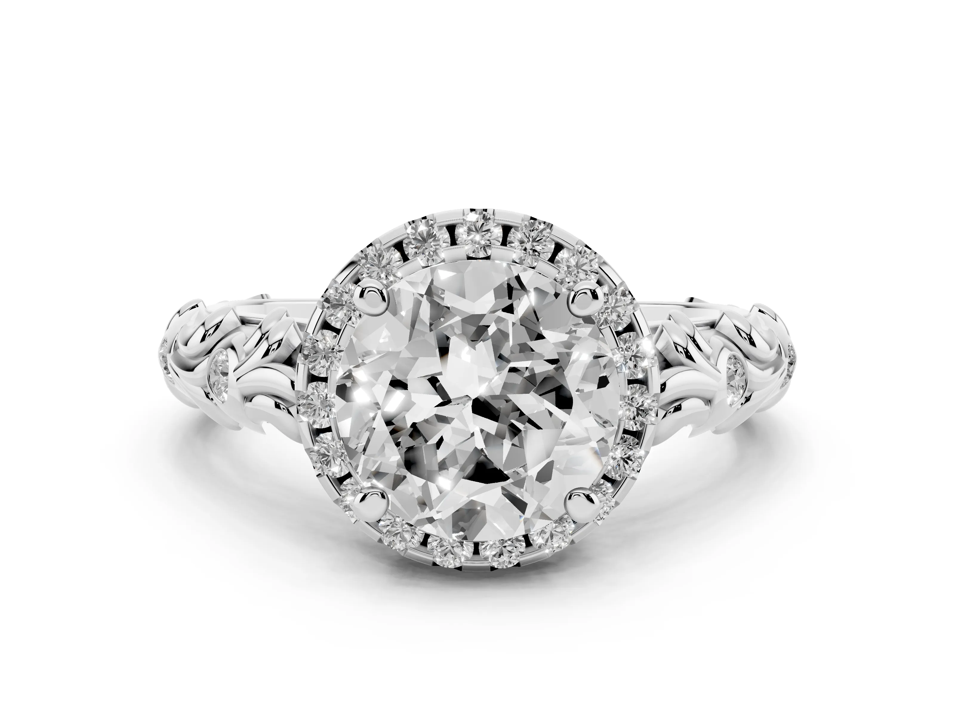Round Cut Diamond Halo Ring Set in Platinum with Filigree Leaf Band and Prong Setting