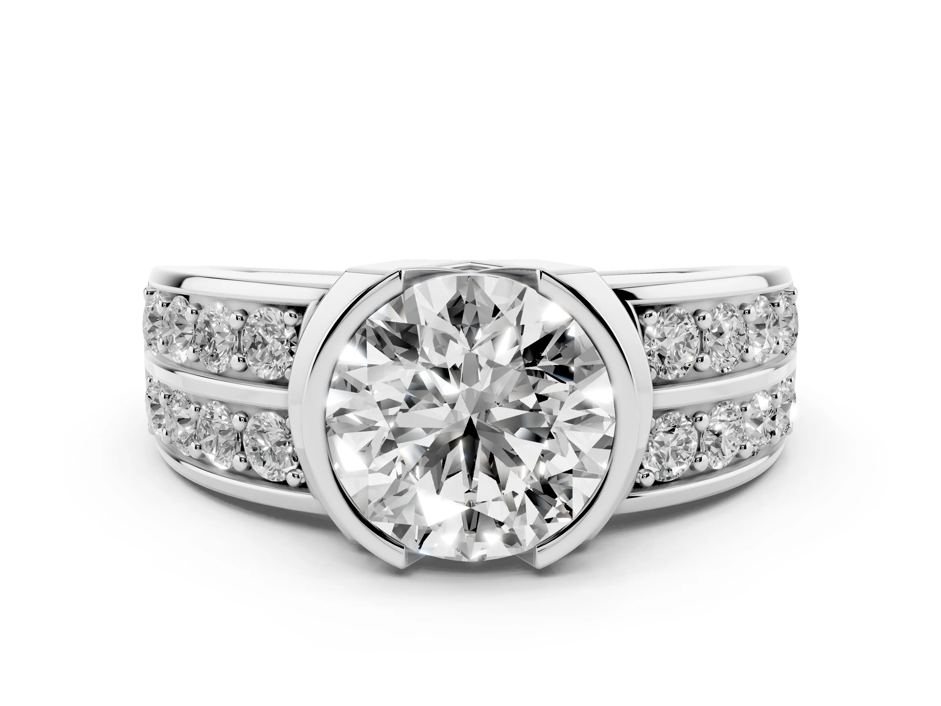 Round Cut Diamond Wide Channel Set Band Ring Set in White gold with Bezel Setting