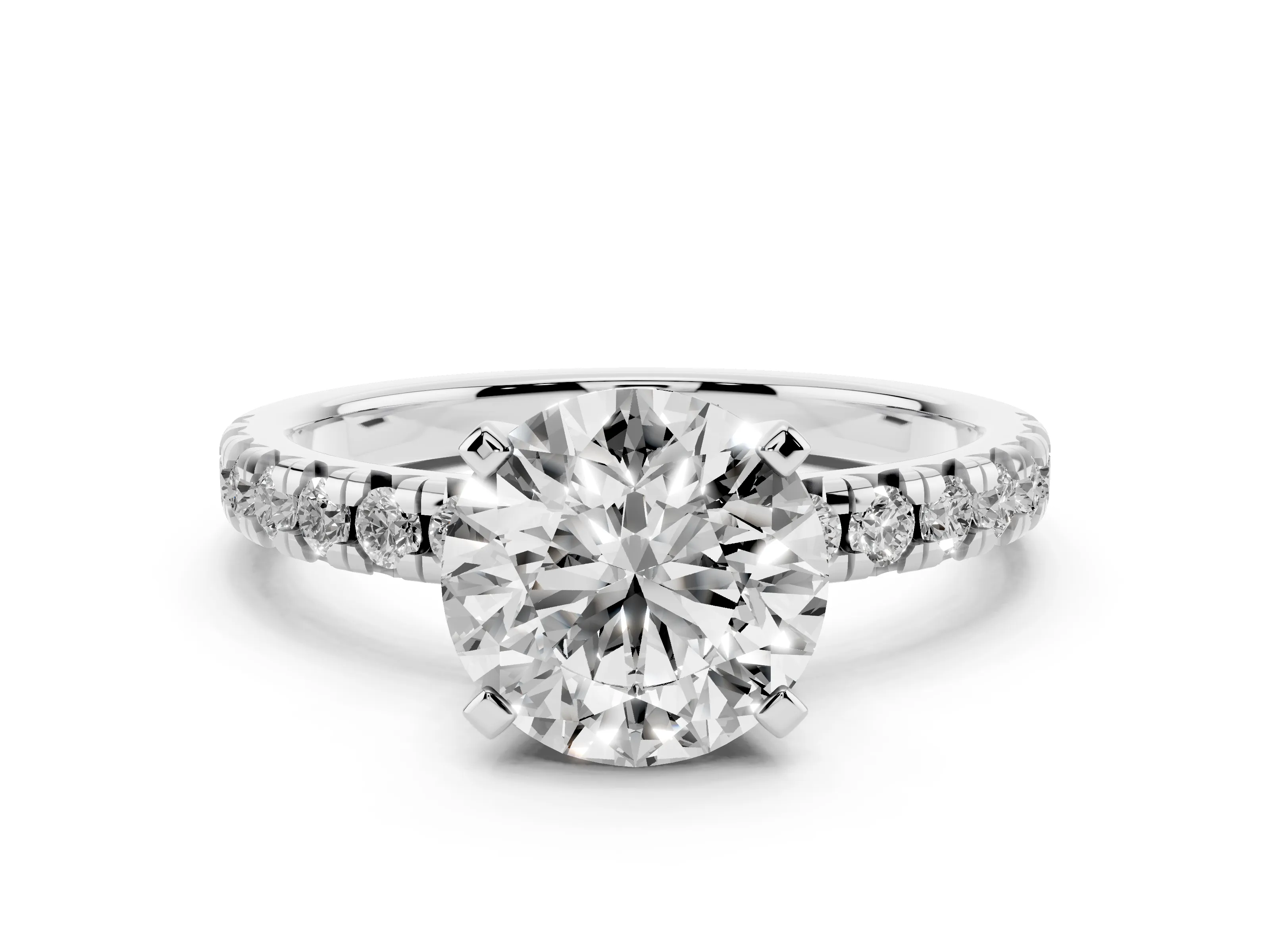 Round Cut Diamond Solitaire Pavé Engagement Ring Set in White gold with Round Band and Prong Setting