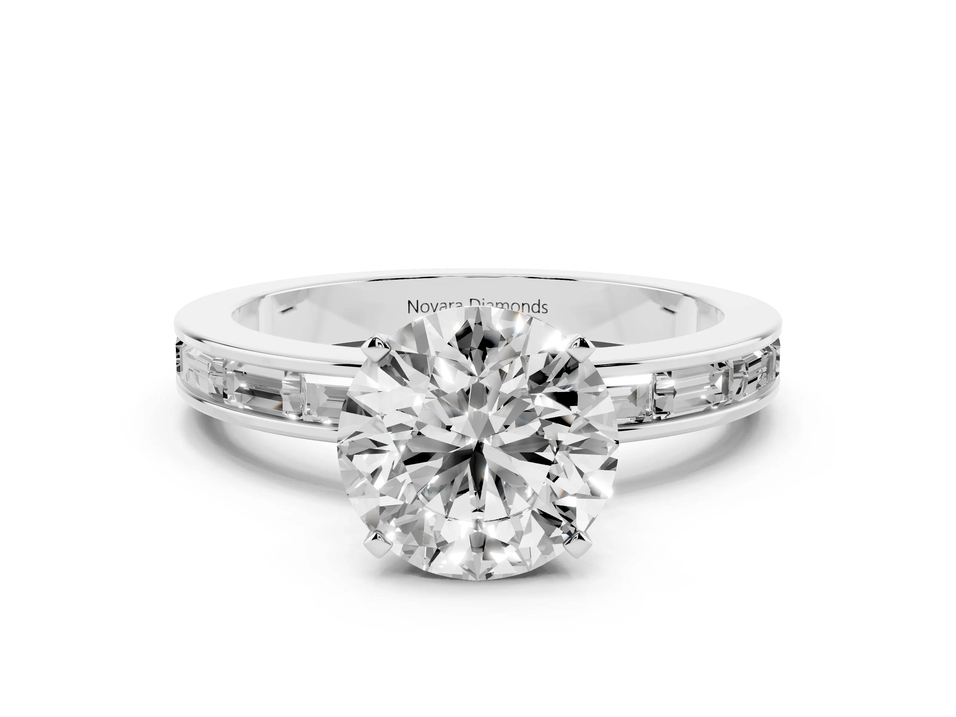 Round Cut Diamond Solitaire Ring Set in Platinum with Channel-Set Baguette Band and Prong Setting
