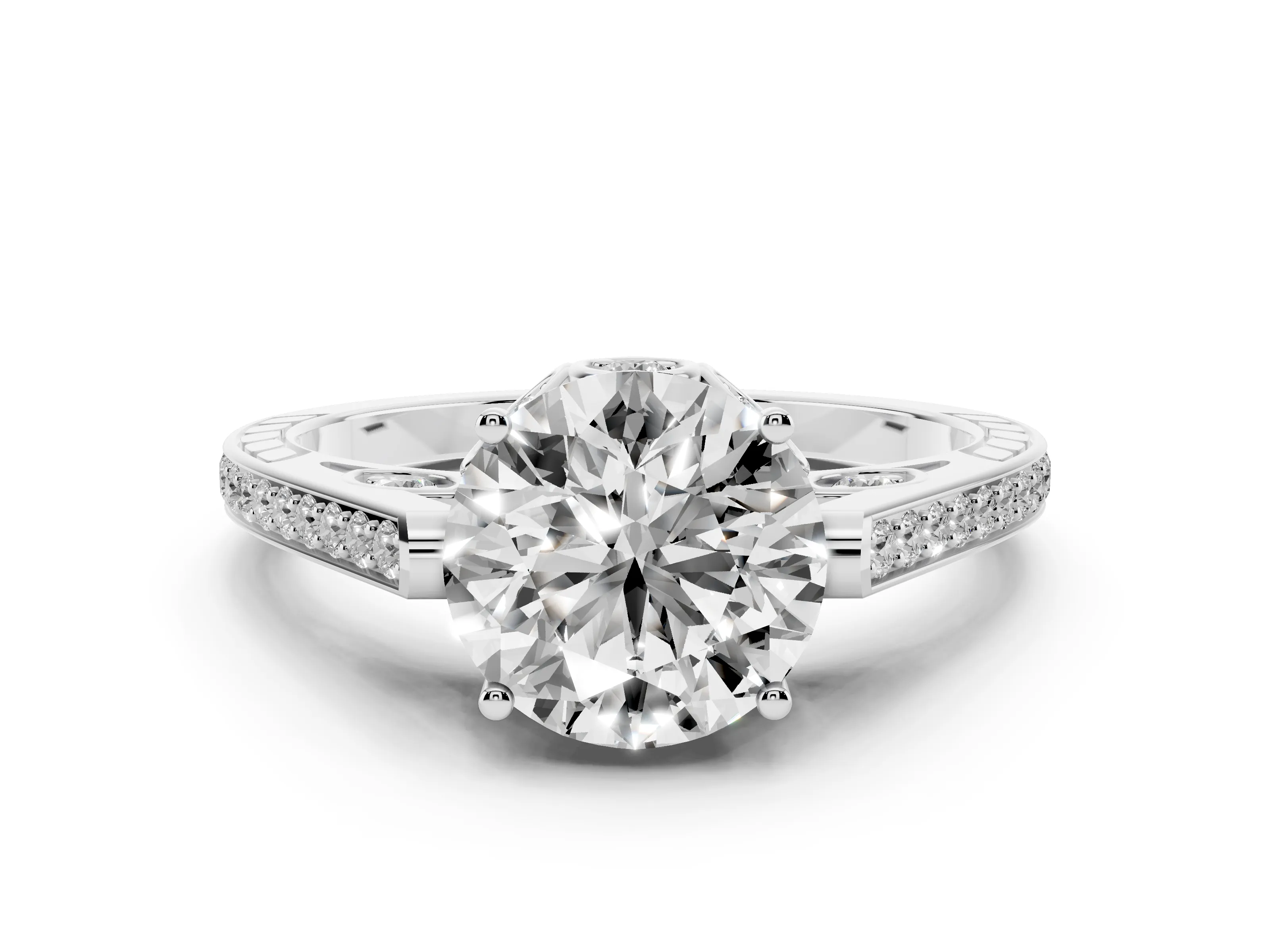 Round Cut Diamond Cathedral Pavé Engagement Ring Set in Platinum with Prong Setting
