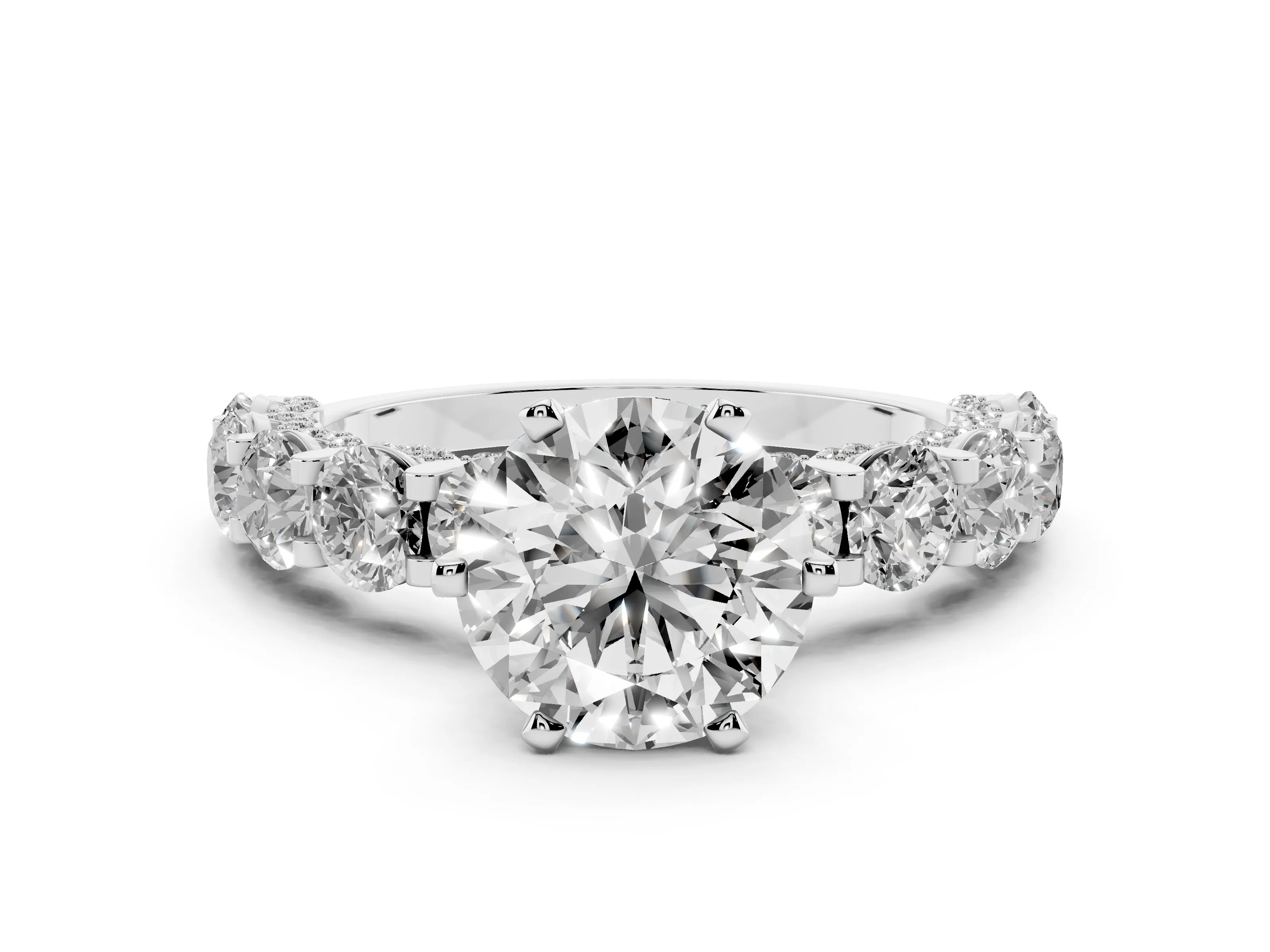 Round Cut Diamond Side Stone Ring Set in Silver with Alternating Round and Oval Side Stones
