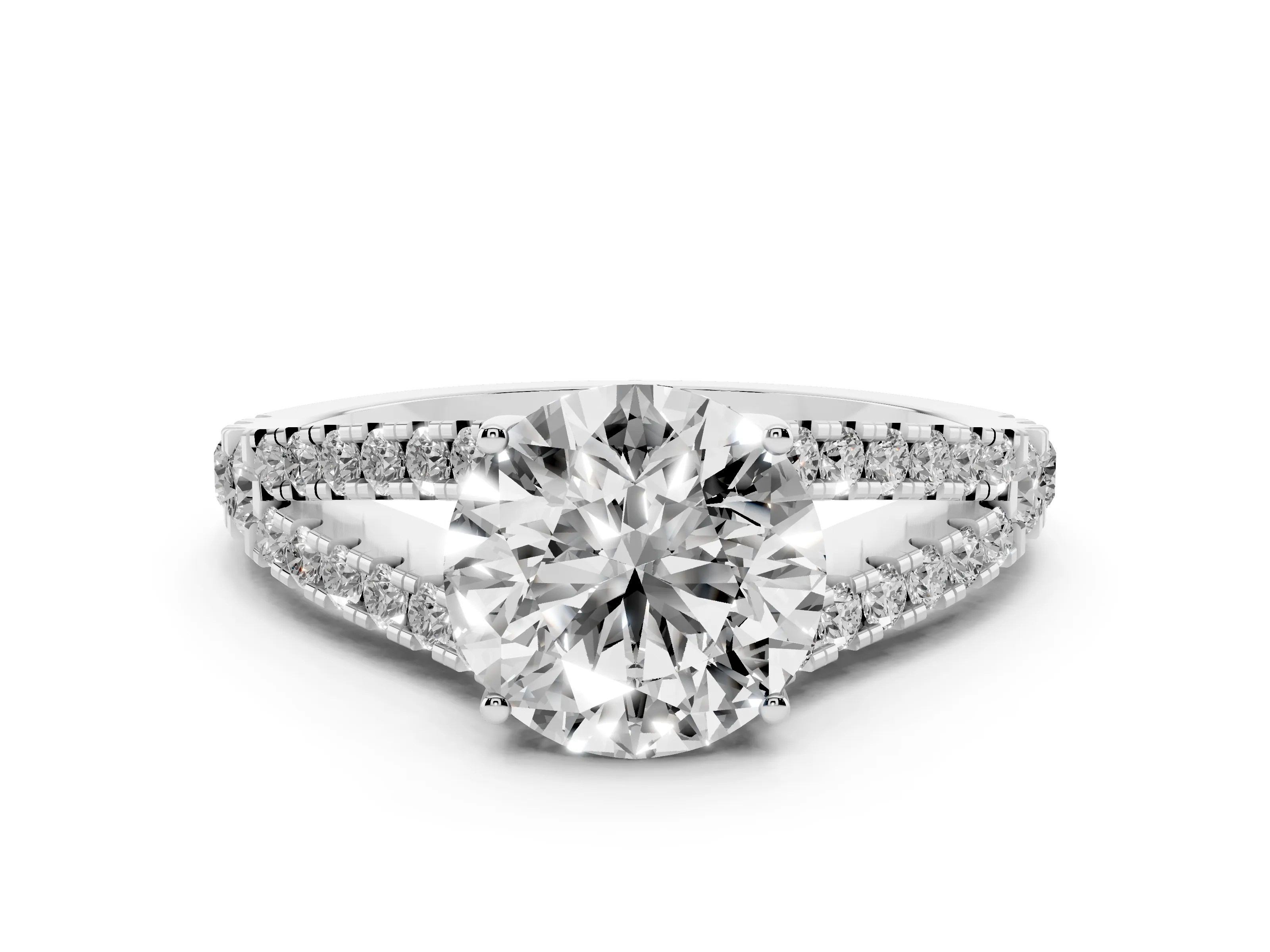 Round Cut Diamond Split Shank Pavé Engagement Ring Set in Platinum with Prong-Held Center Stone