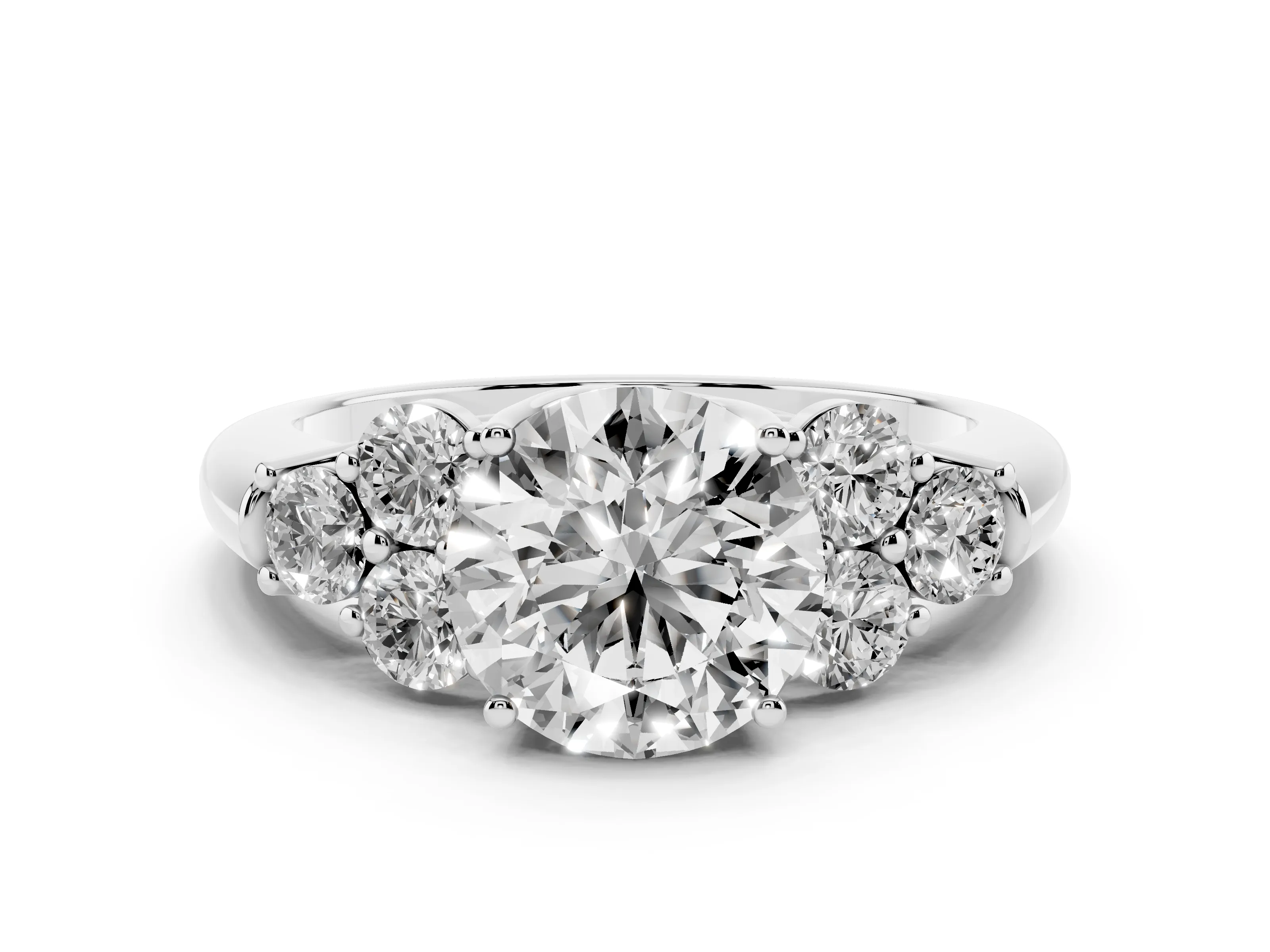 Round Cut Diamond Cluster Ring Set in Platinum with Round Accent Stones and Prong Setting on a Plain Band