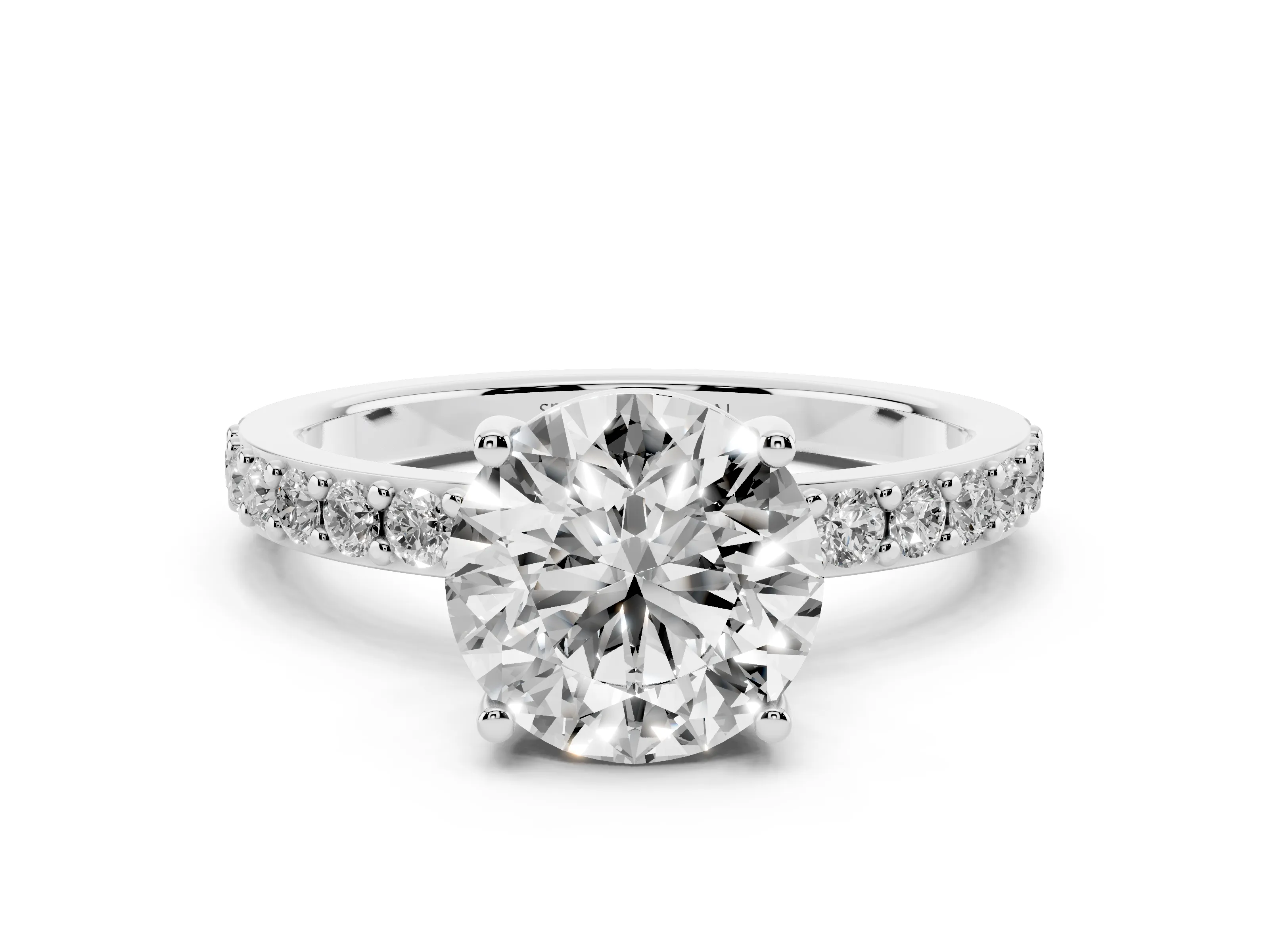 Round Cut Diamond Solitaire Set in Silver with Round Pavé Band and Prong Setting