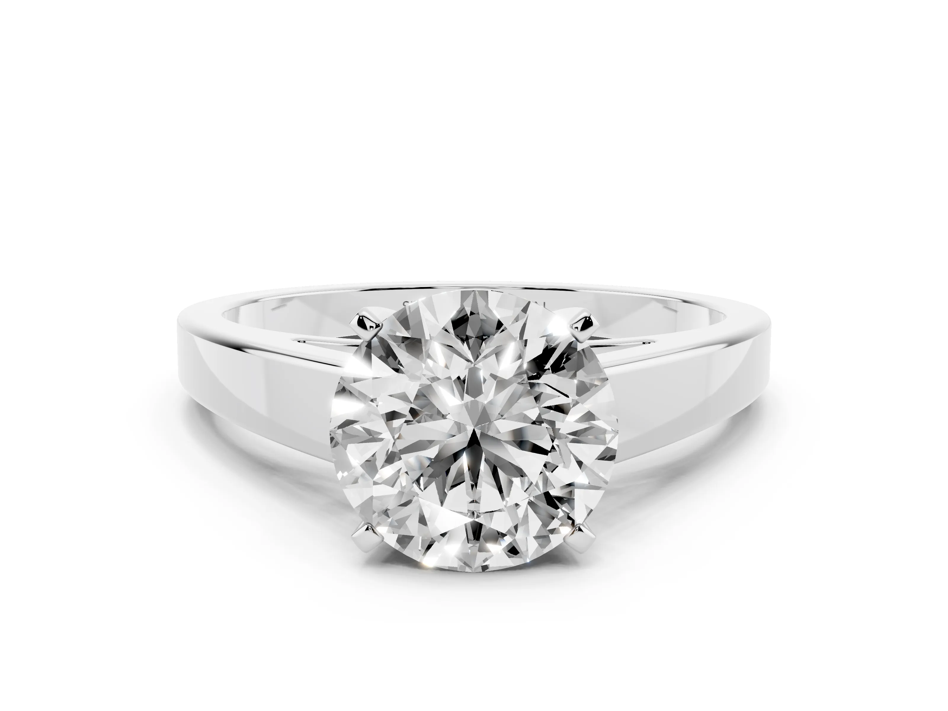 Round Cut Diamond Solitaire Engagement Ring Set in White gold with Prong Setting and Tapered Band