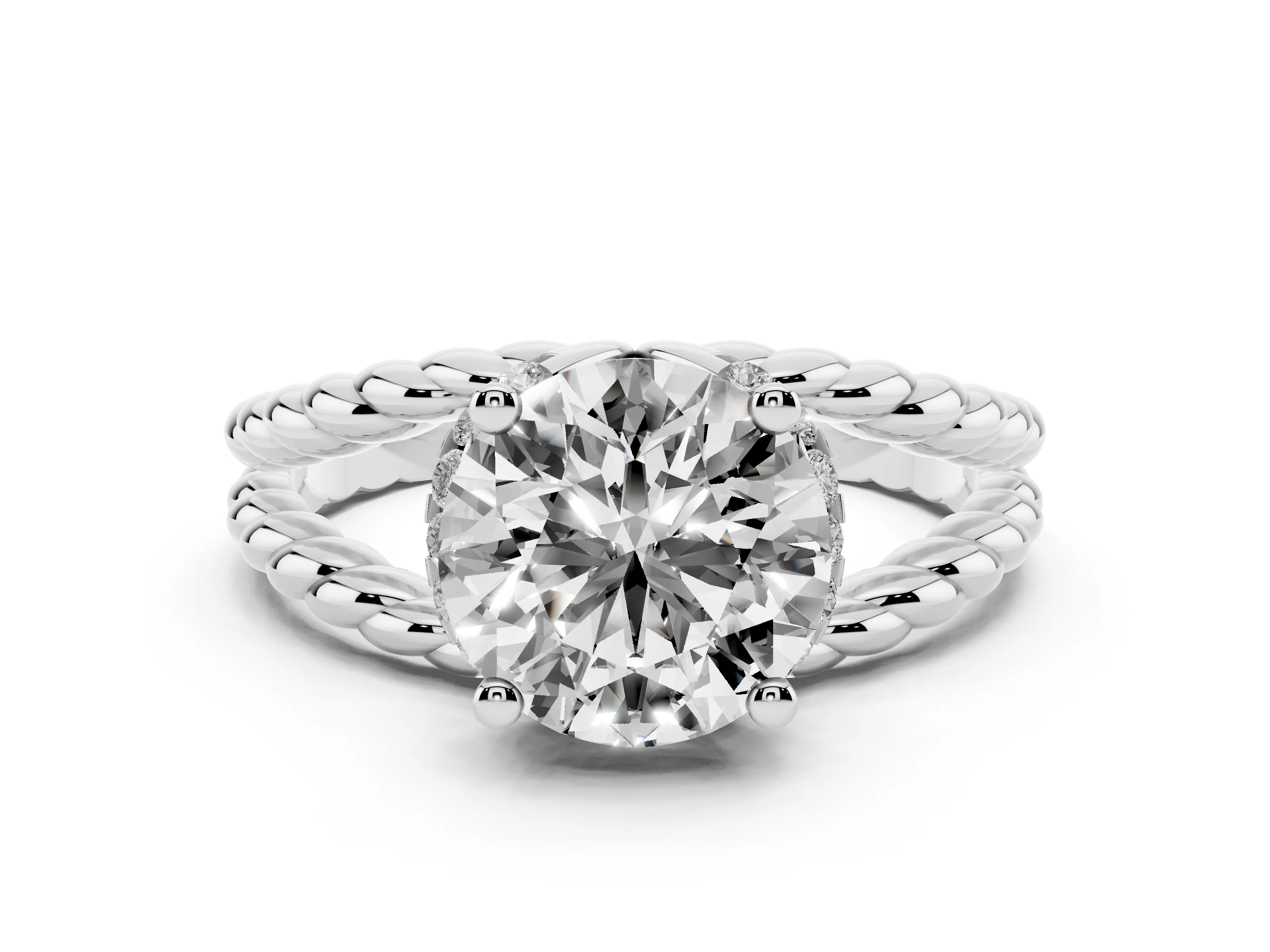 Round Cut Diamond Halo Ring Set in Platinum with Twisted Band and Prong Setting