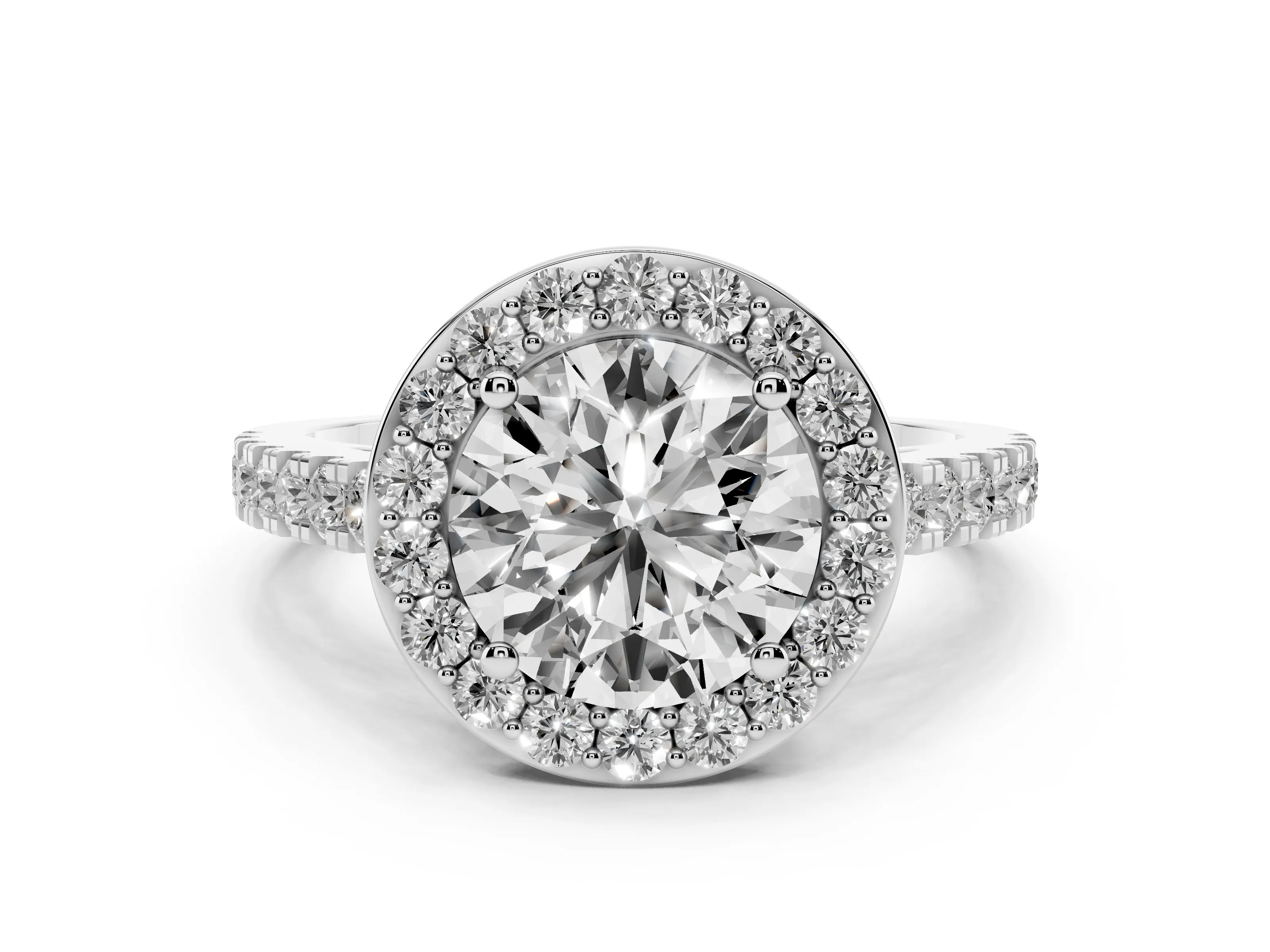 Round Cut Diamond Halo Ring Set in Silver with Round Pavé Split Shank and Prong Setting