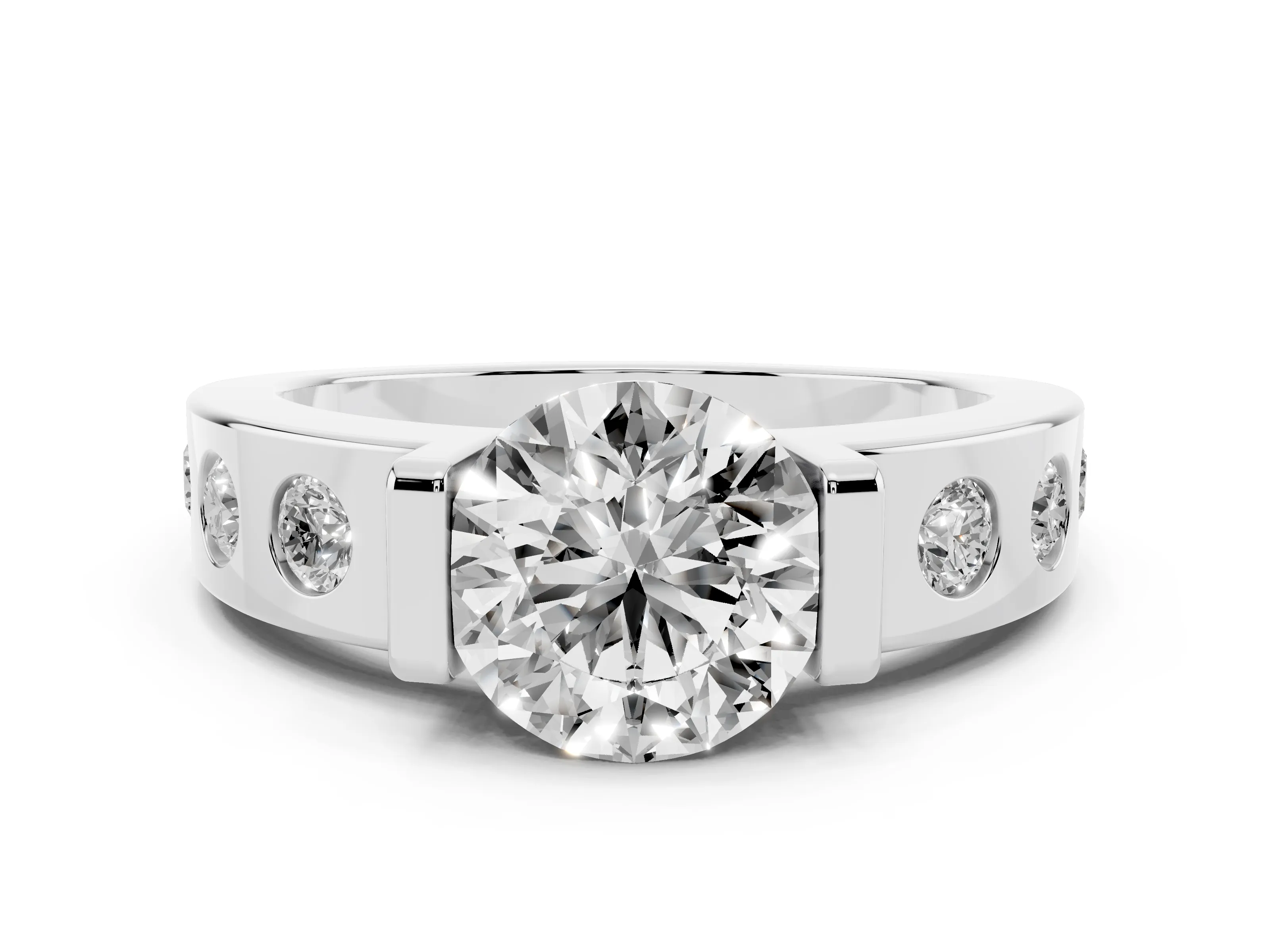 Round Cut Diamond Channel-Set Band Ring Set in Silver with Bezel Prong Setting