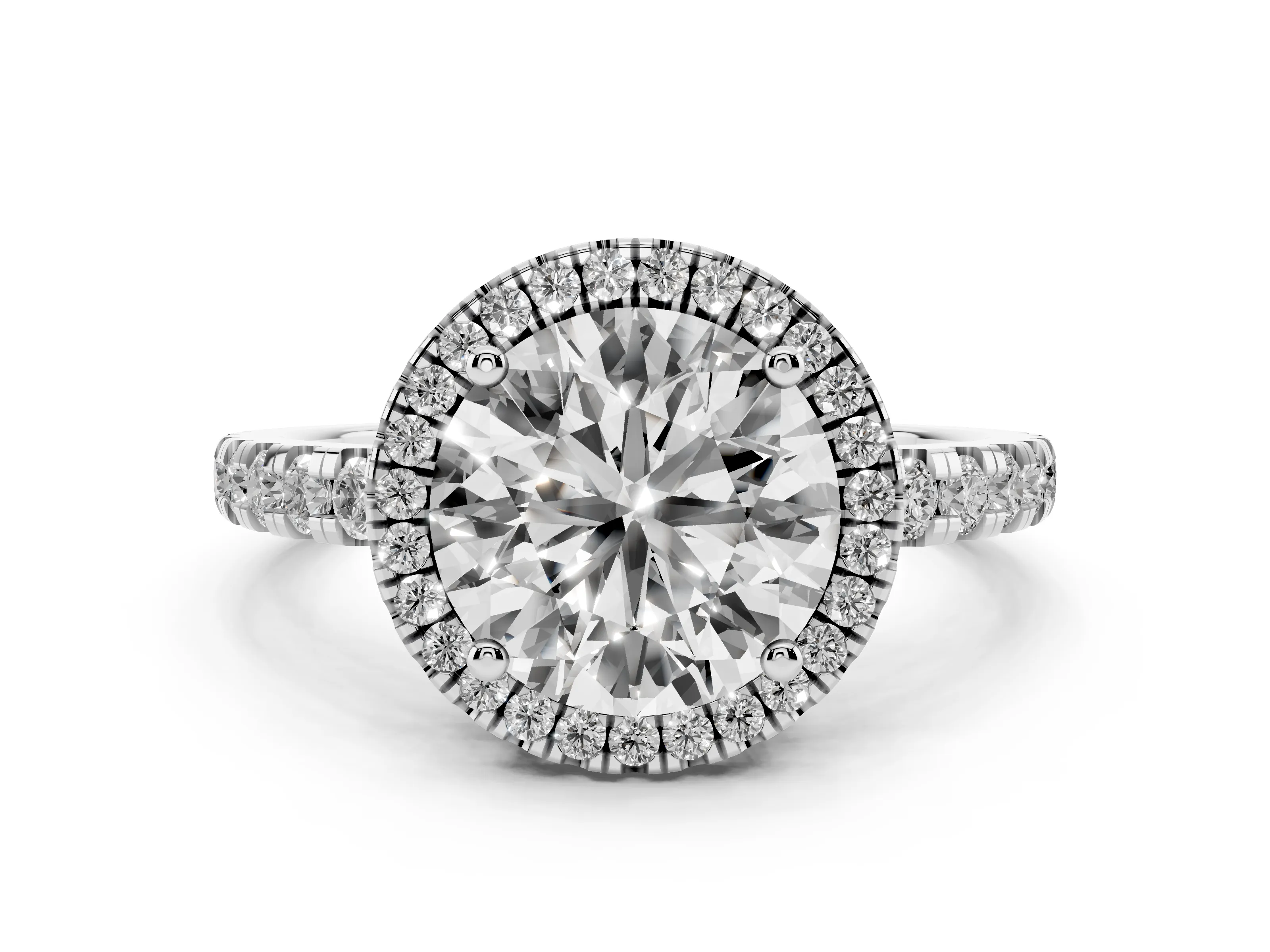 Round Cut Diamond Halo Ring Set in Silver with Delicate Pavé Band and Prong Setting