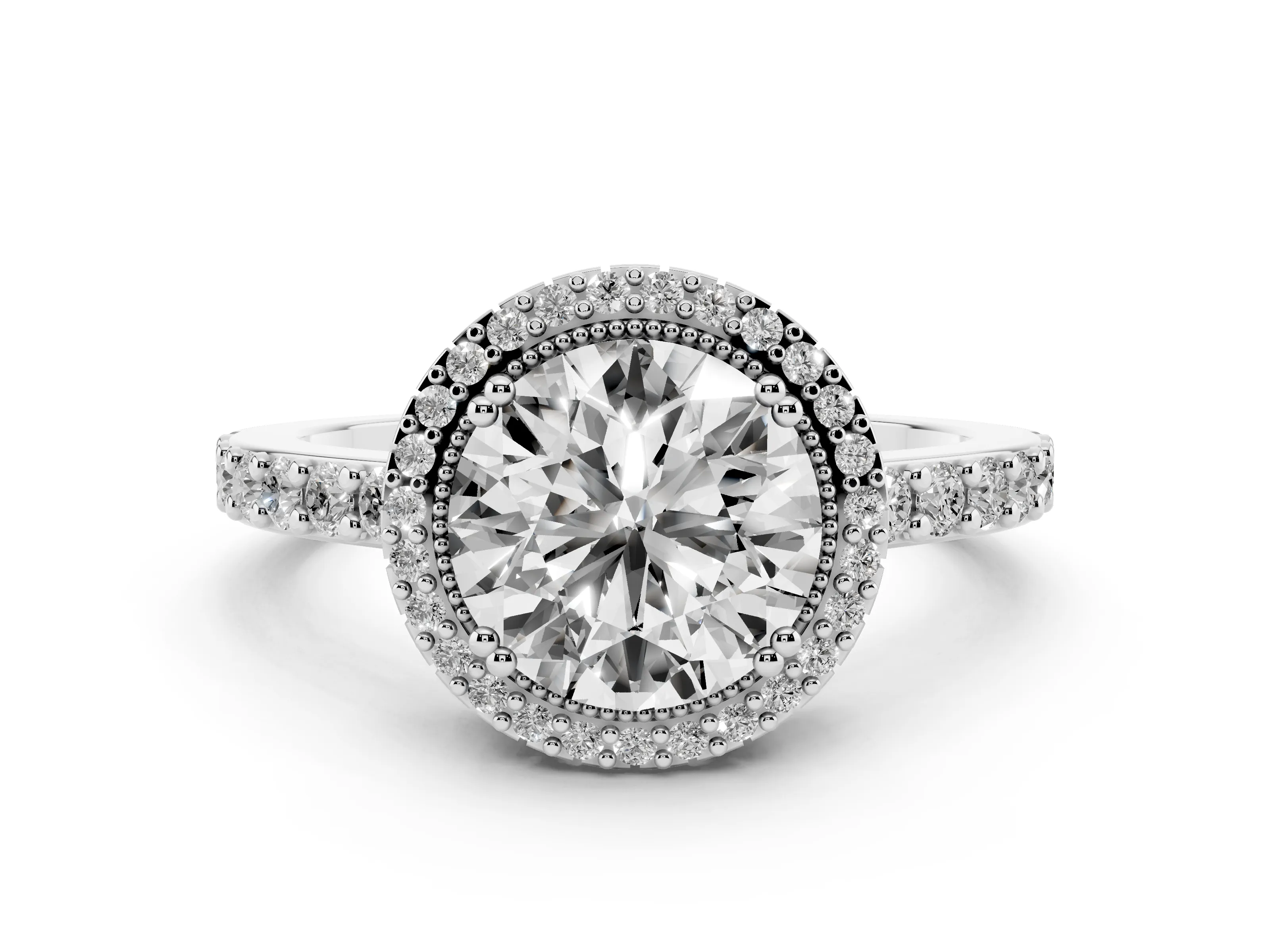 Round Cut Diamond Halo Engagement Ring Set in Platinum with Milgrain Detail and Pavé Band