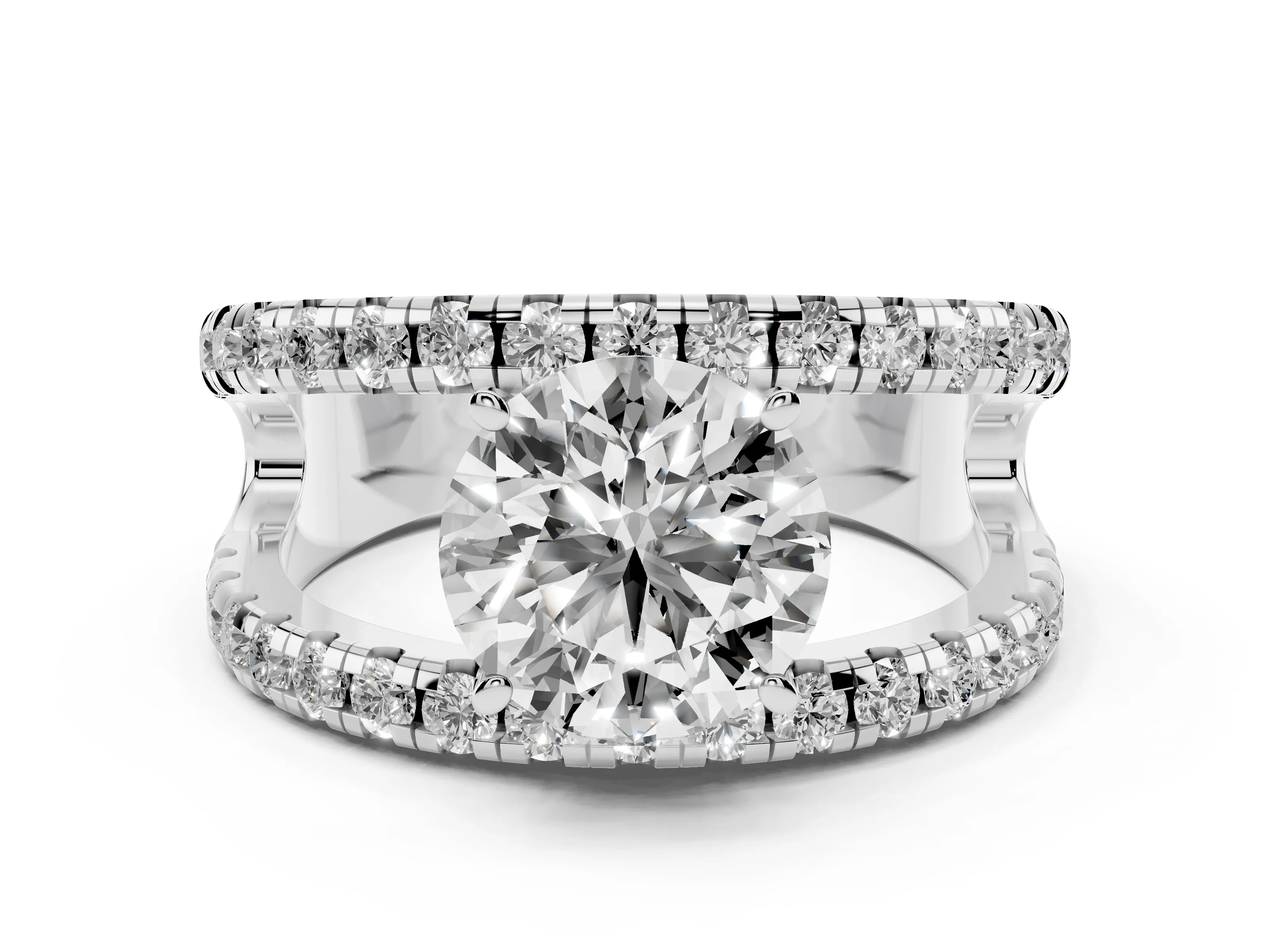 Round Cut Diamond Split Shank Pavé Solitaire Ring Set in White gold with Open Shank Design