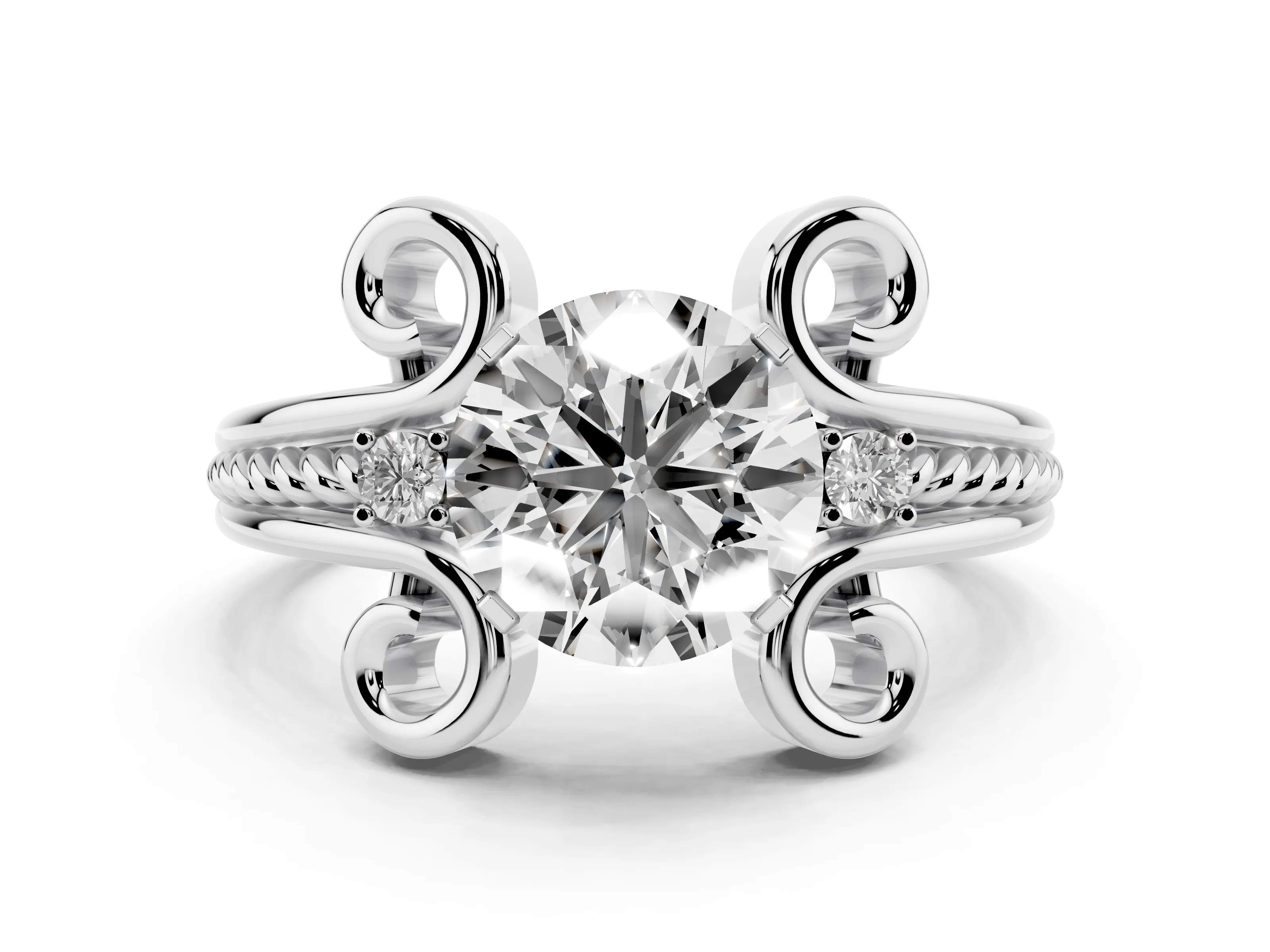 Round Cut Diamond Twisted Band Solitaire Ring Set in Platinum with Scroll Prongs