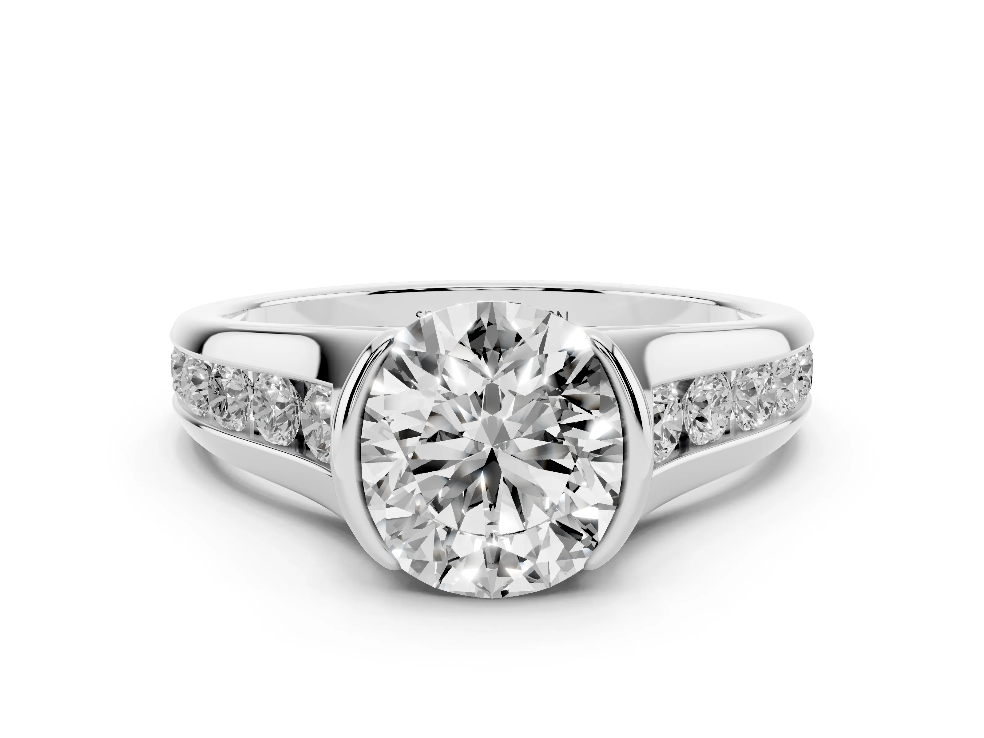 Round Cut Diamond Bezel-Set Solitaire Ring Set in White gold with Channel-Set Band