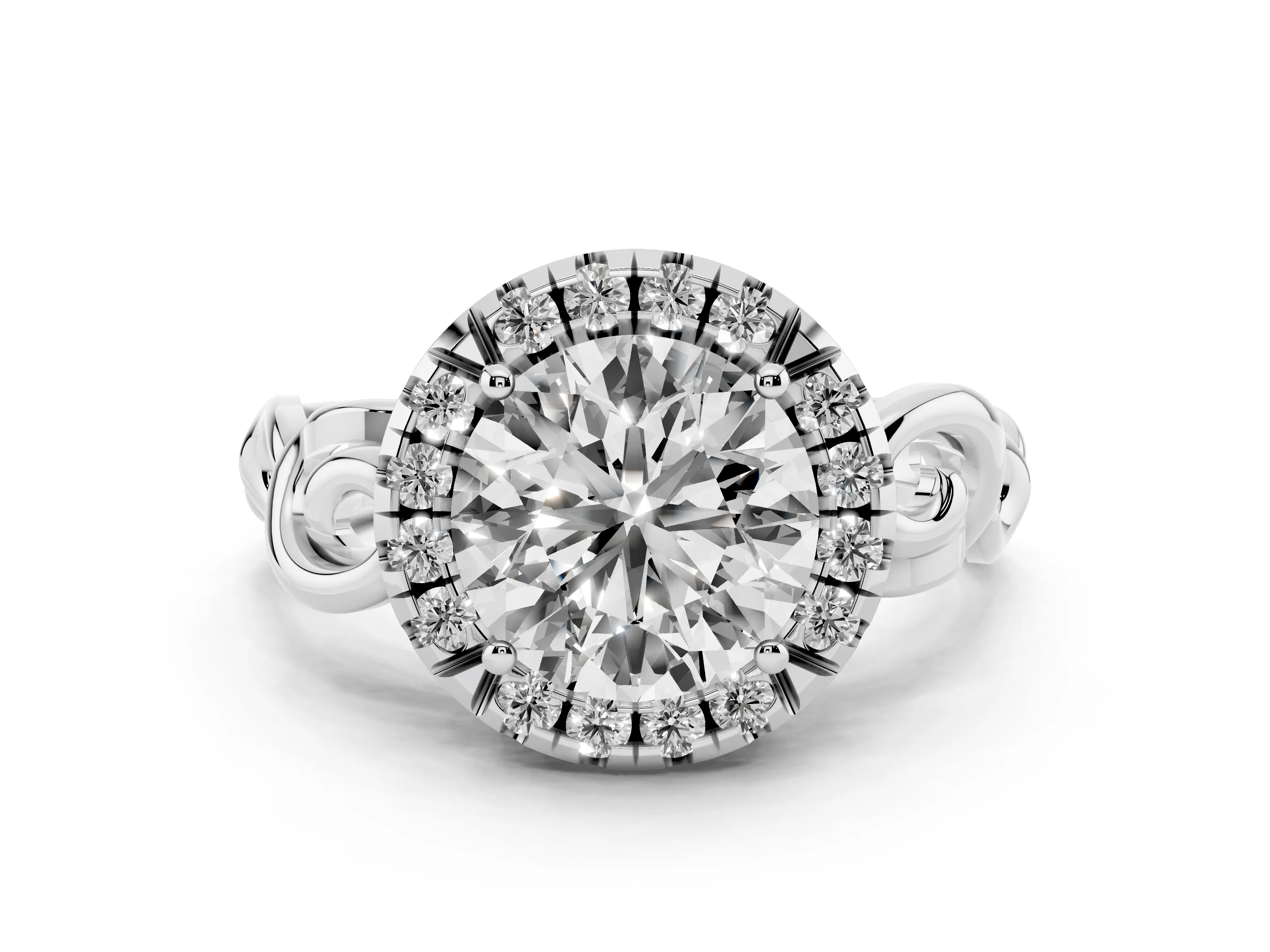 Round Cut Diamond Halo Ring Set in Platinum with Scrollwork Band and Prong Setting