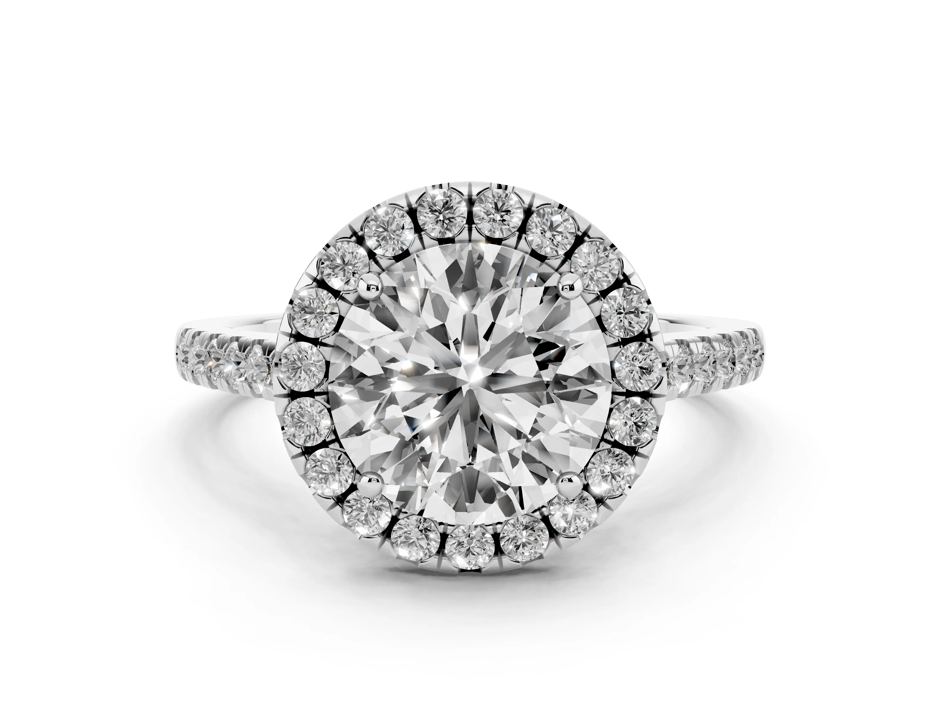 Round Cut Diamond Pavé Halo Engagement Ring Set in Platinum with Pavé Band and Prong Setting
