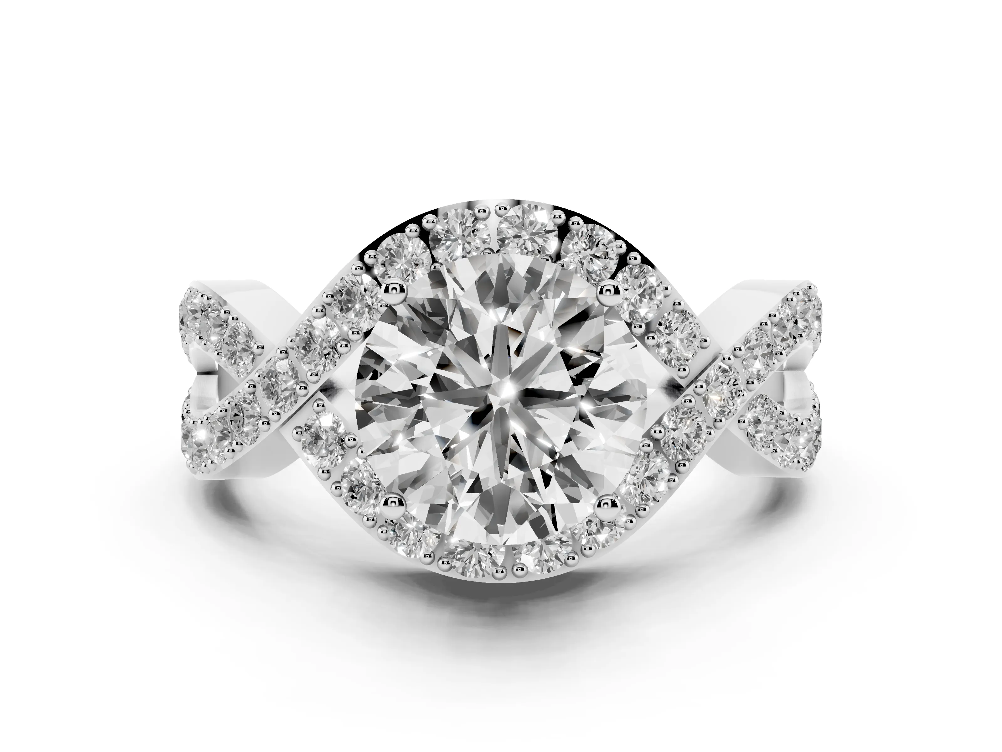 Round Cut Diamond Solitaire Twist Band Pavé Engagement Ring Set in Platinum