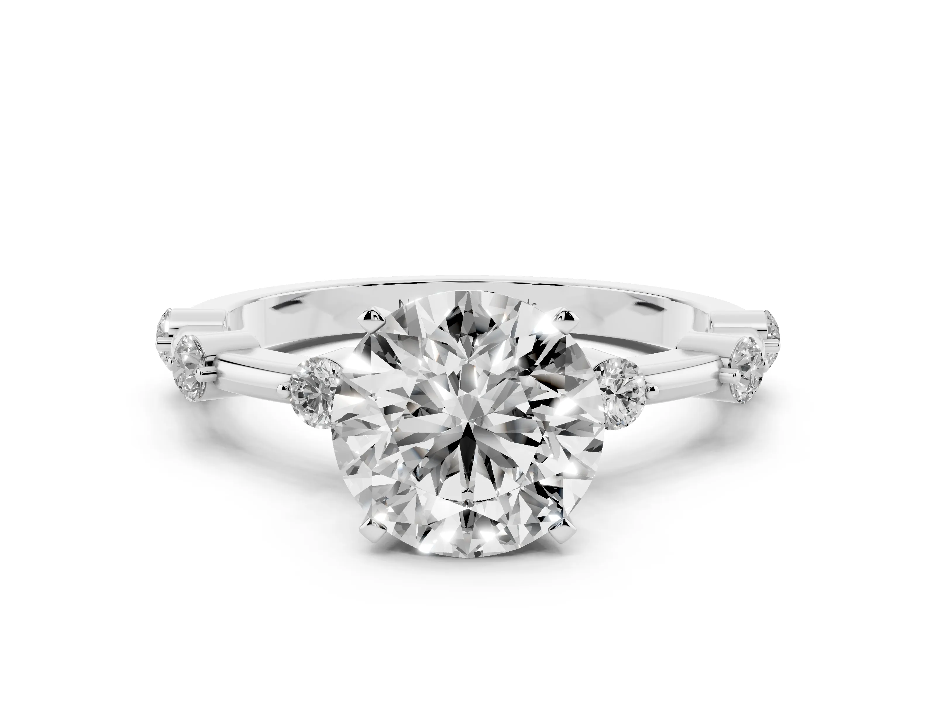 Round Cut Diamond Solitaire Ring Set in White gold with Bezel Set Side Stones and Prong Setting