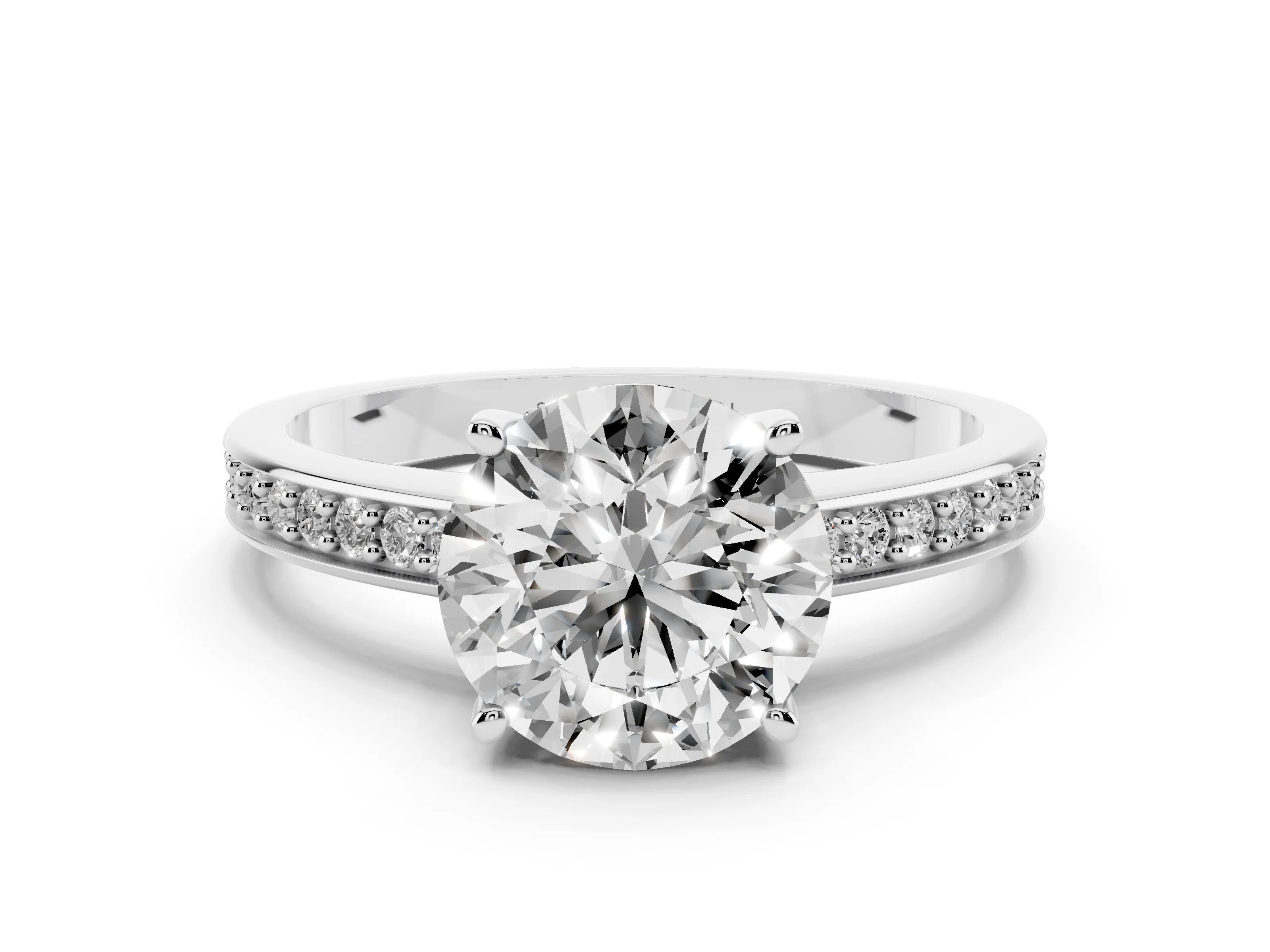 Round Cut Diamond Pavé Band Prong Set Solitaire Ring Set in White gold