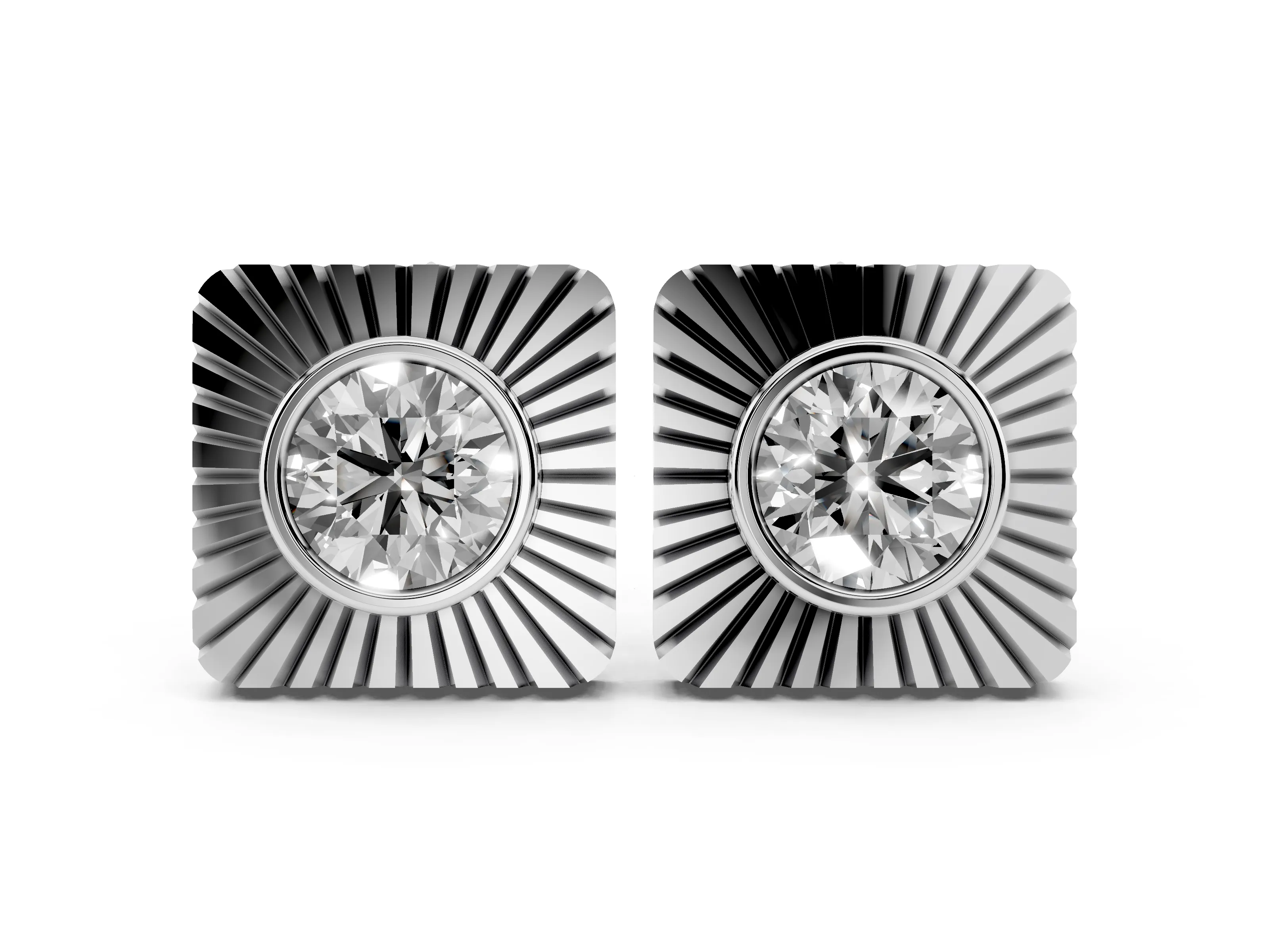 Round Lab-Grown Diamond Bezel Stud Earrings | Sunburst Square Frame | Platinum