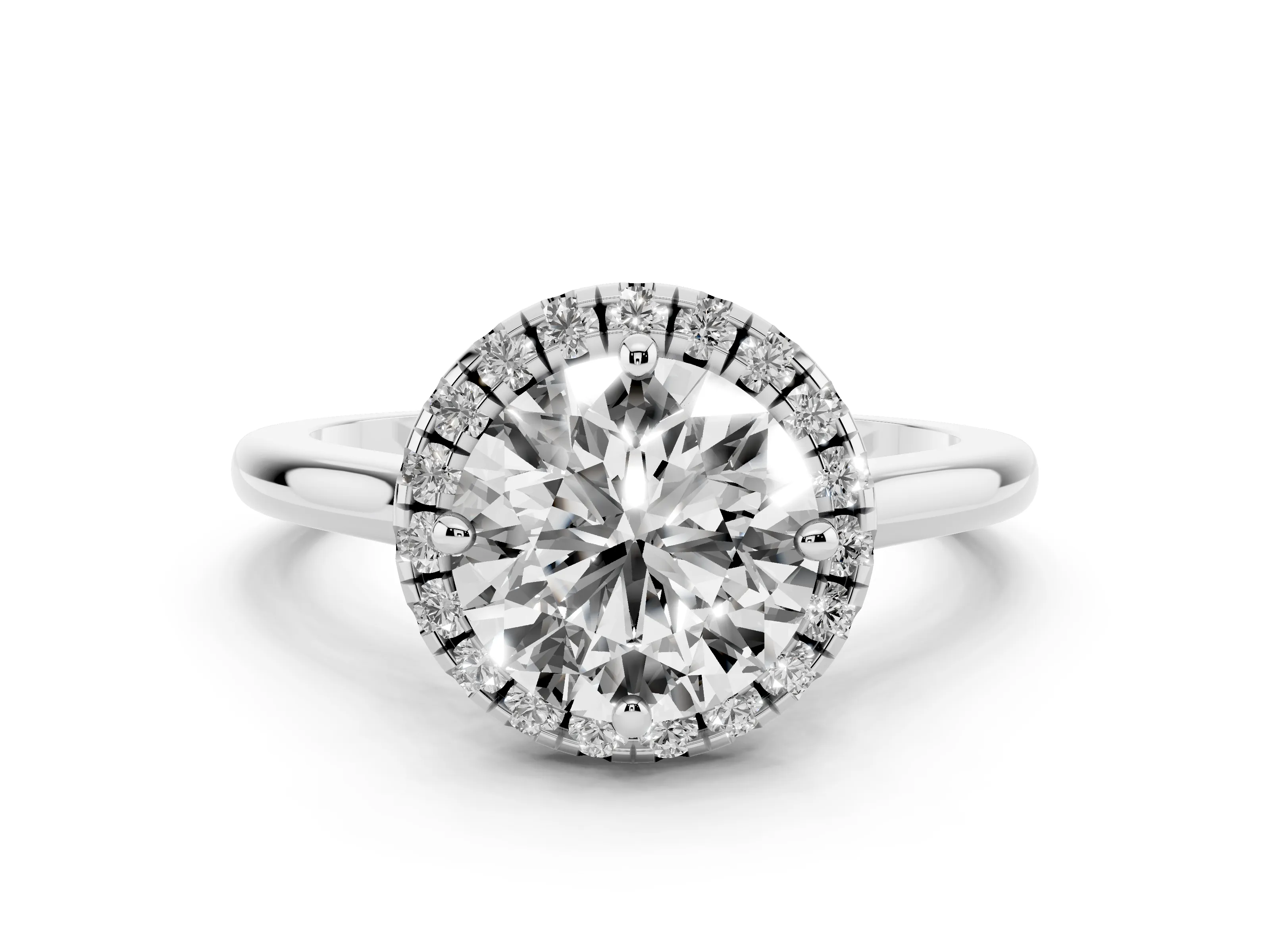 Round Cut Diamond Halo Engagement Ring Set in White gold with Pavé Band and Rising Shoulders