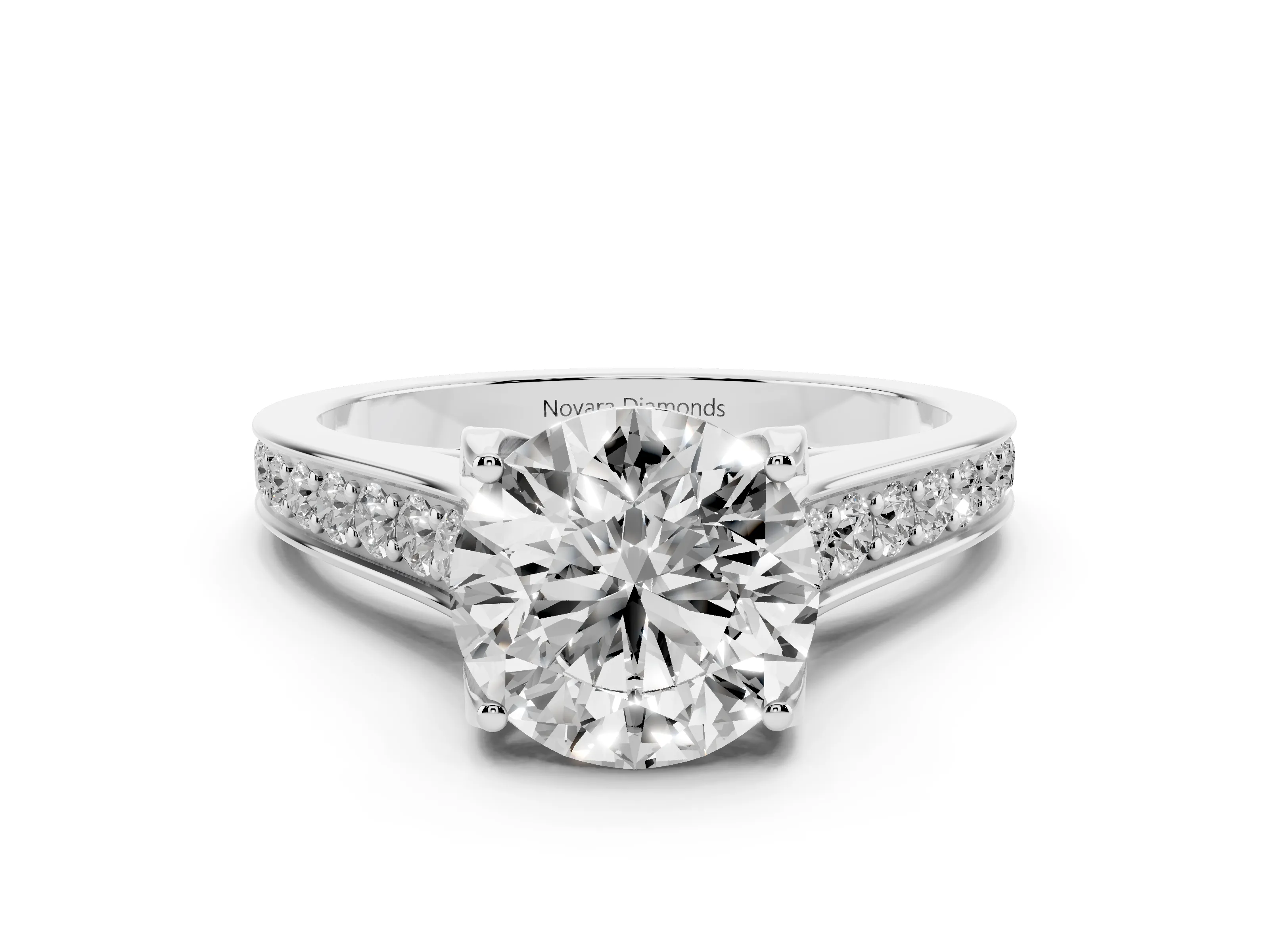 Round Cut Diamond Solitaire Pavé Engagement Ring Set in Platinum with Prong Setting