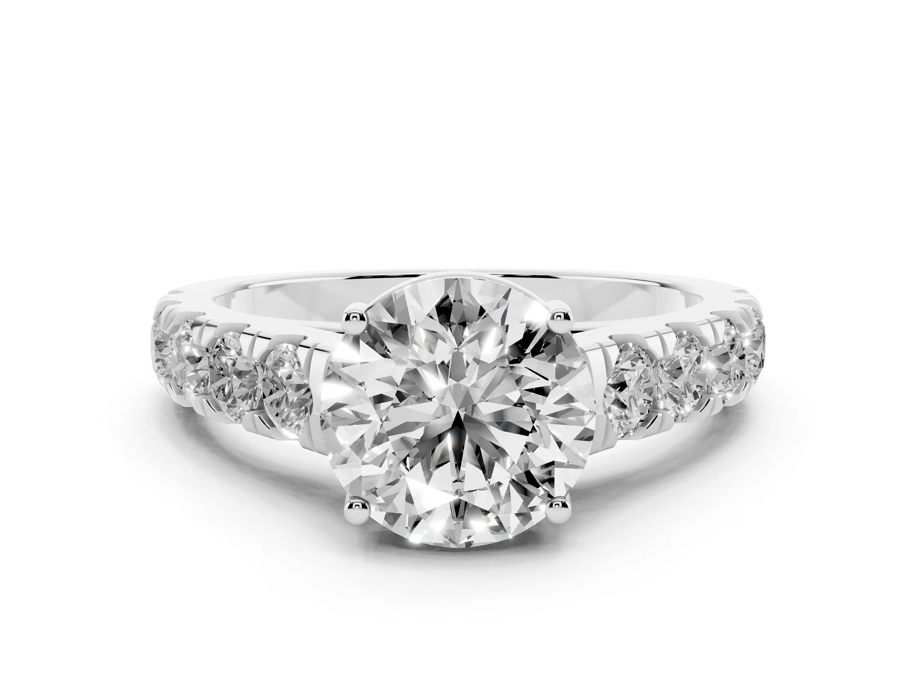 Round Cut Diamond Solitaire Ring Set in White gold with Cut-Down Micro Pavé Band and Prong Setting
