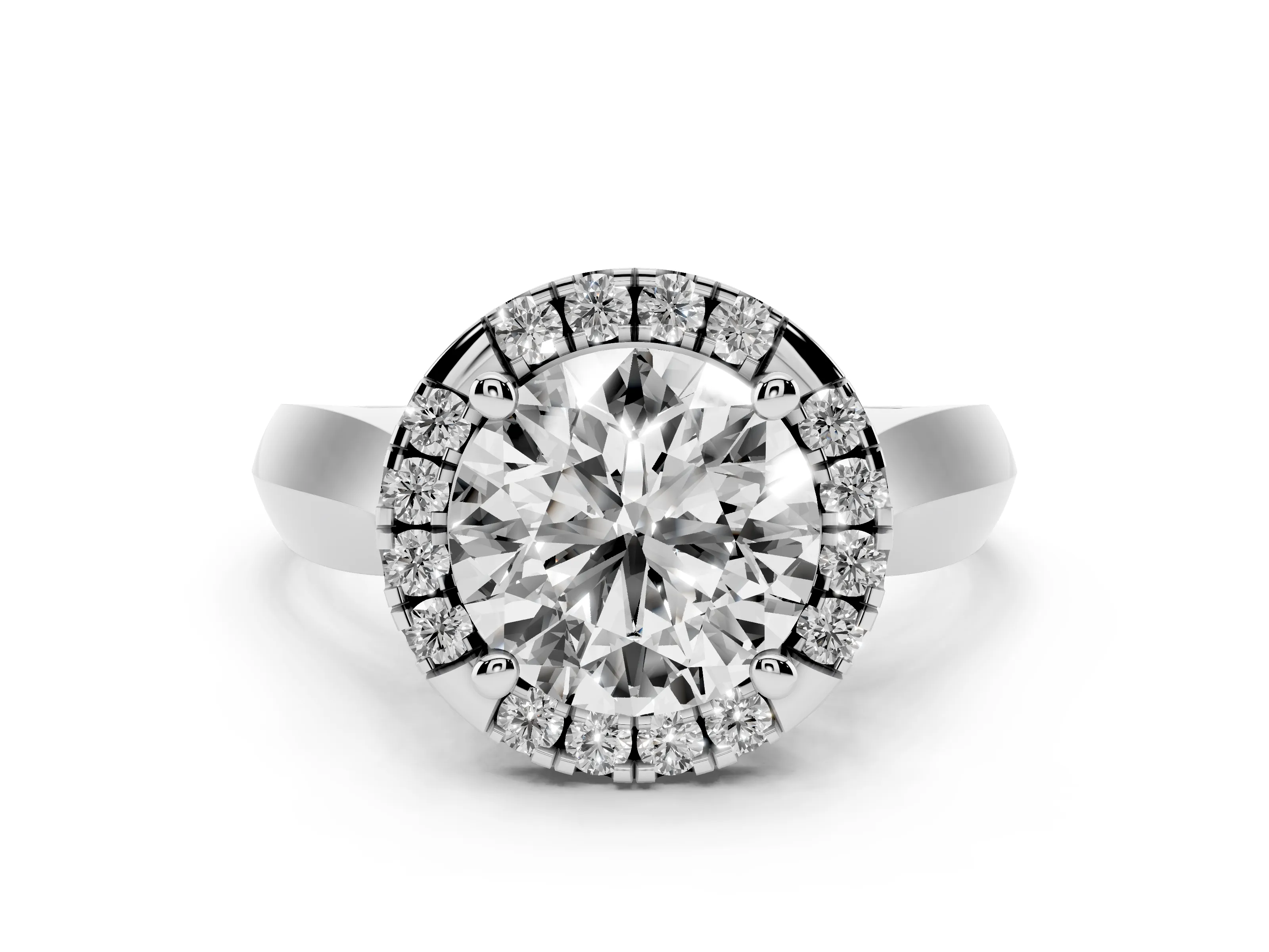 Round Cut Diamond Halo Solitaire Engagement Ring Set in White gold with Square Band and Prong Setting