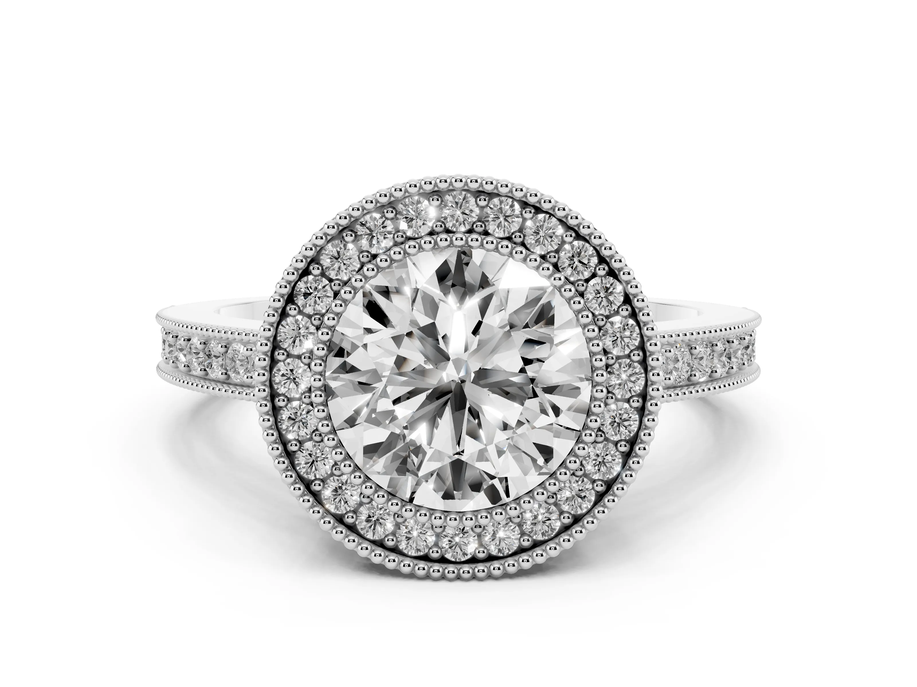 Round Cut Diamond Round Halo Ring Set in White gold with Pavé Band