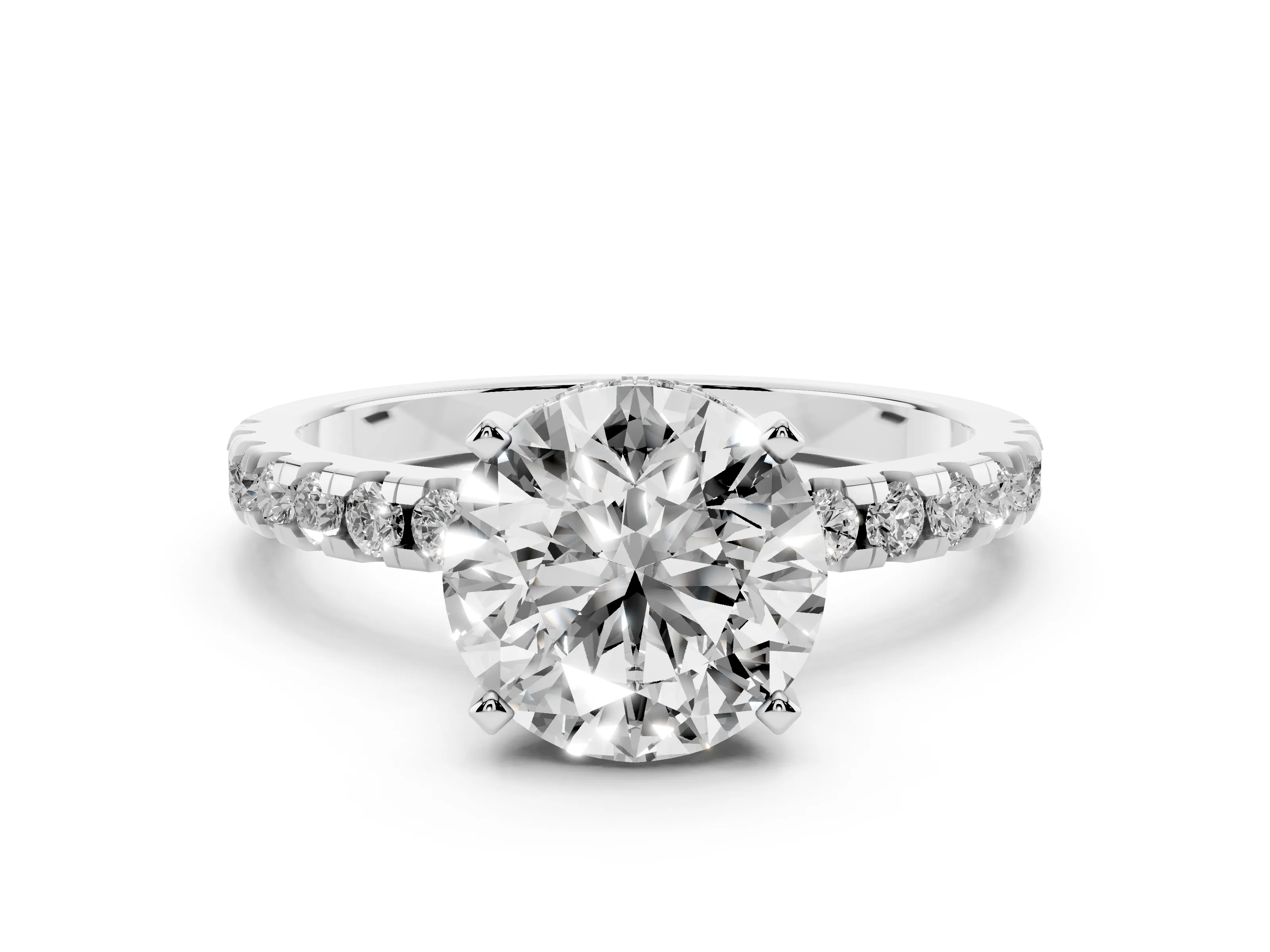 Round Cut Diamond Pavé Solitaire Ring Set in Platinum with Round Band Accents and Prong Setting