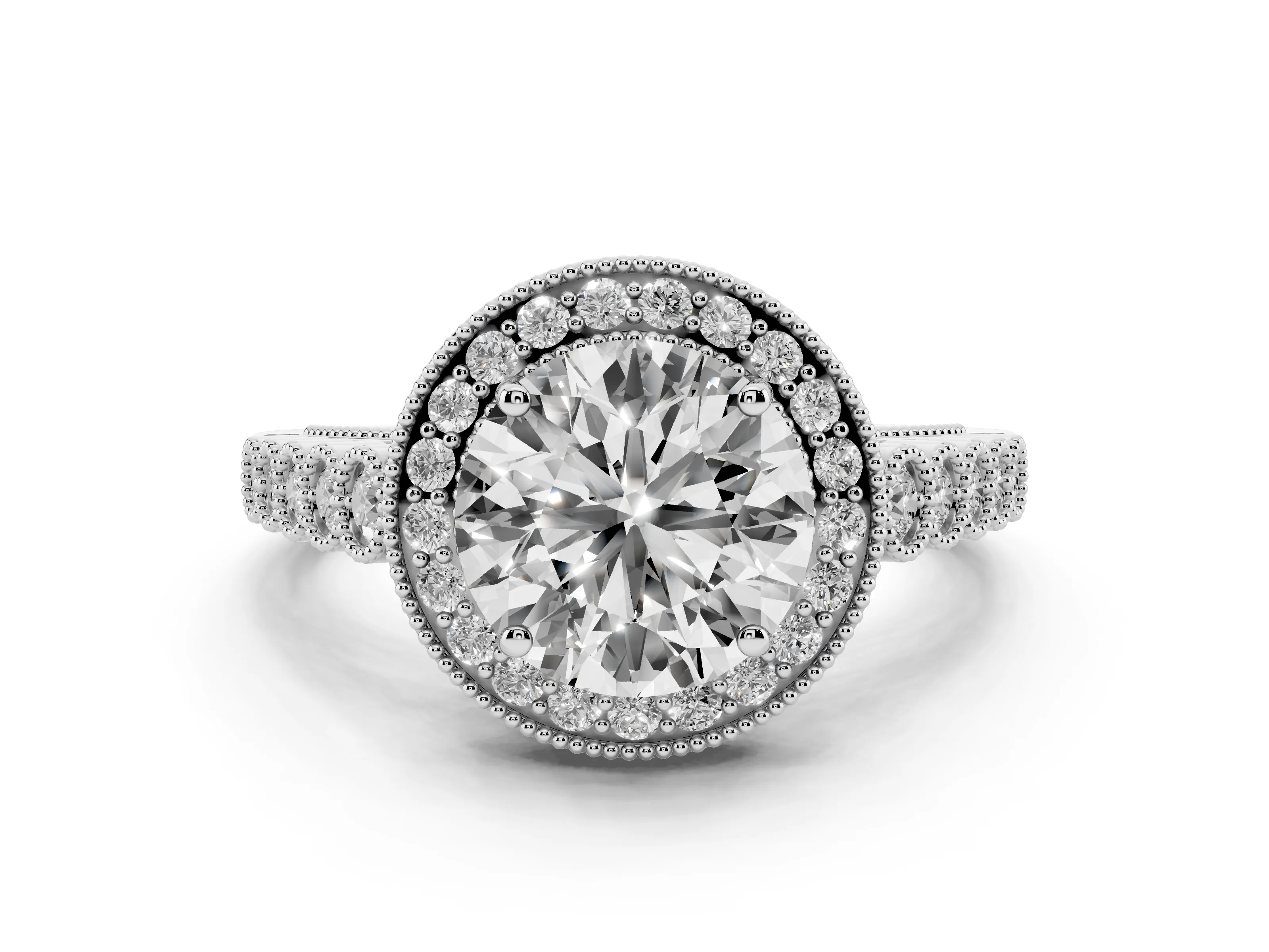 Round Cut Diamond Milgrain Halo Solitaire Ring Set in Platinum with Bezel Set Side Stones and Pavé Band