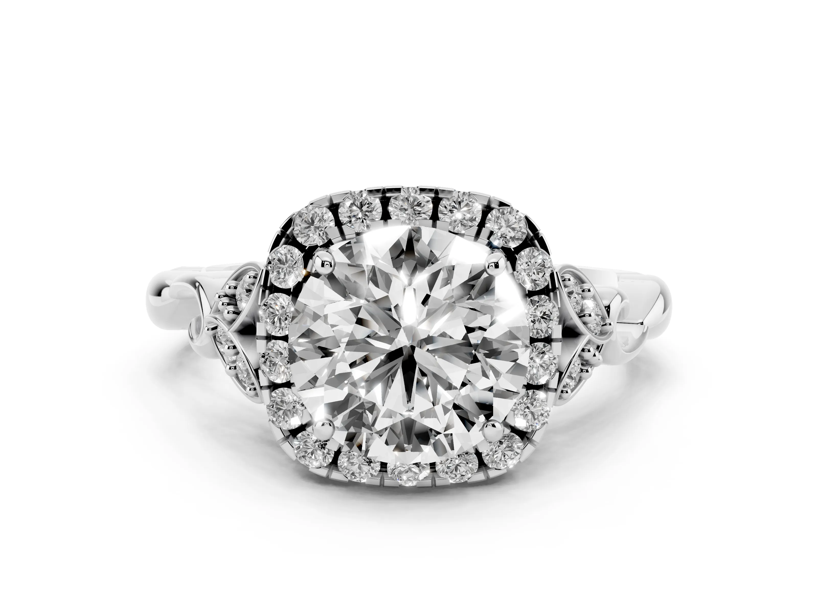 Round Cut Diamond Halo Engagement Ring Set in Platinum with Vintage-Inspired Band and Prong Setting