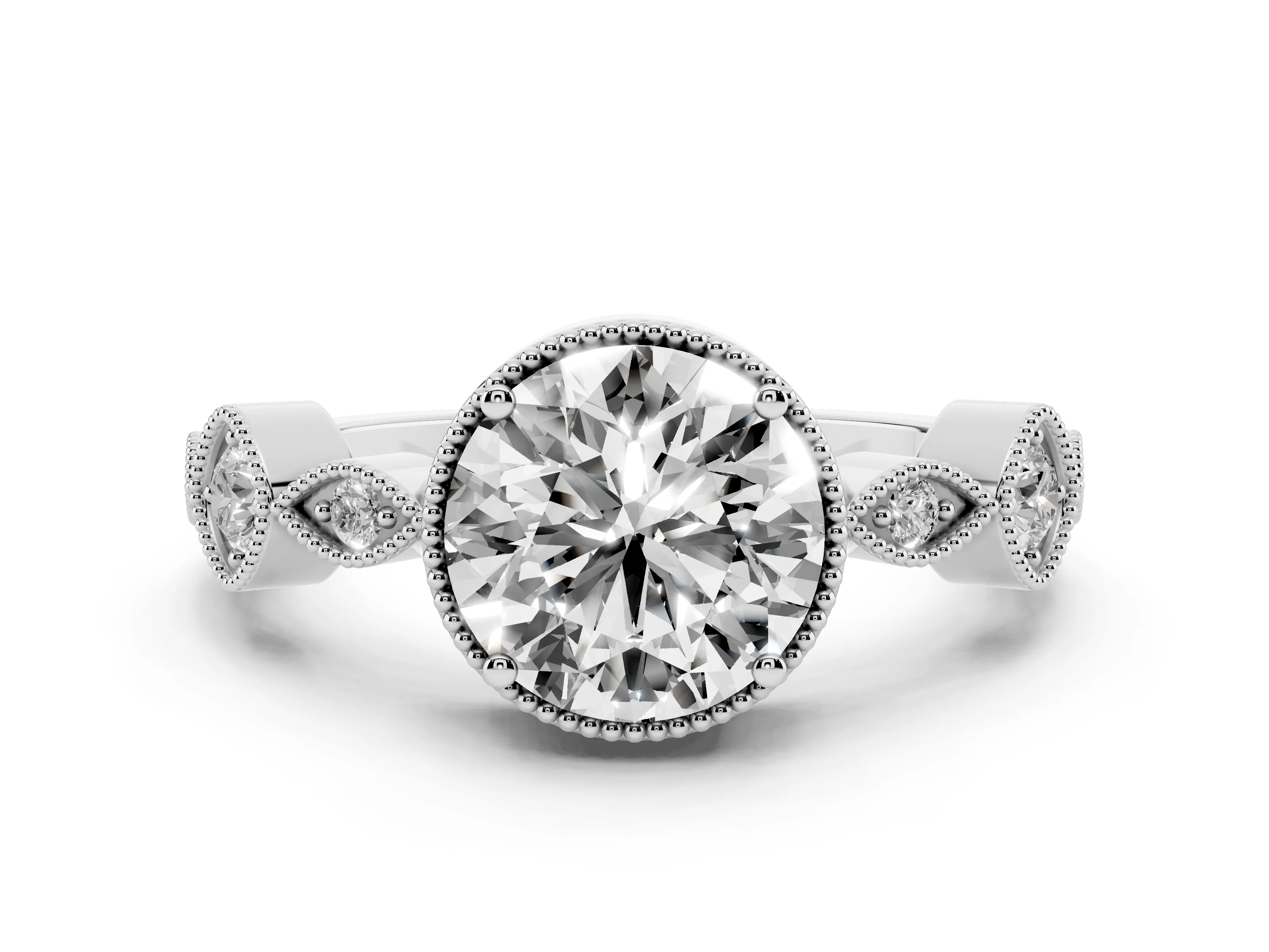 Round Cut Diamond Vintage-Inspired Milgrain Ring Set in White gold with Marquise Stations of Round Accents