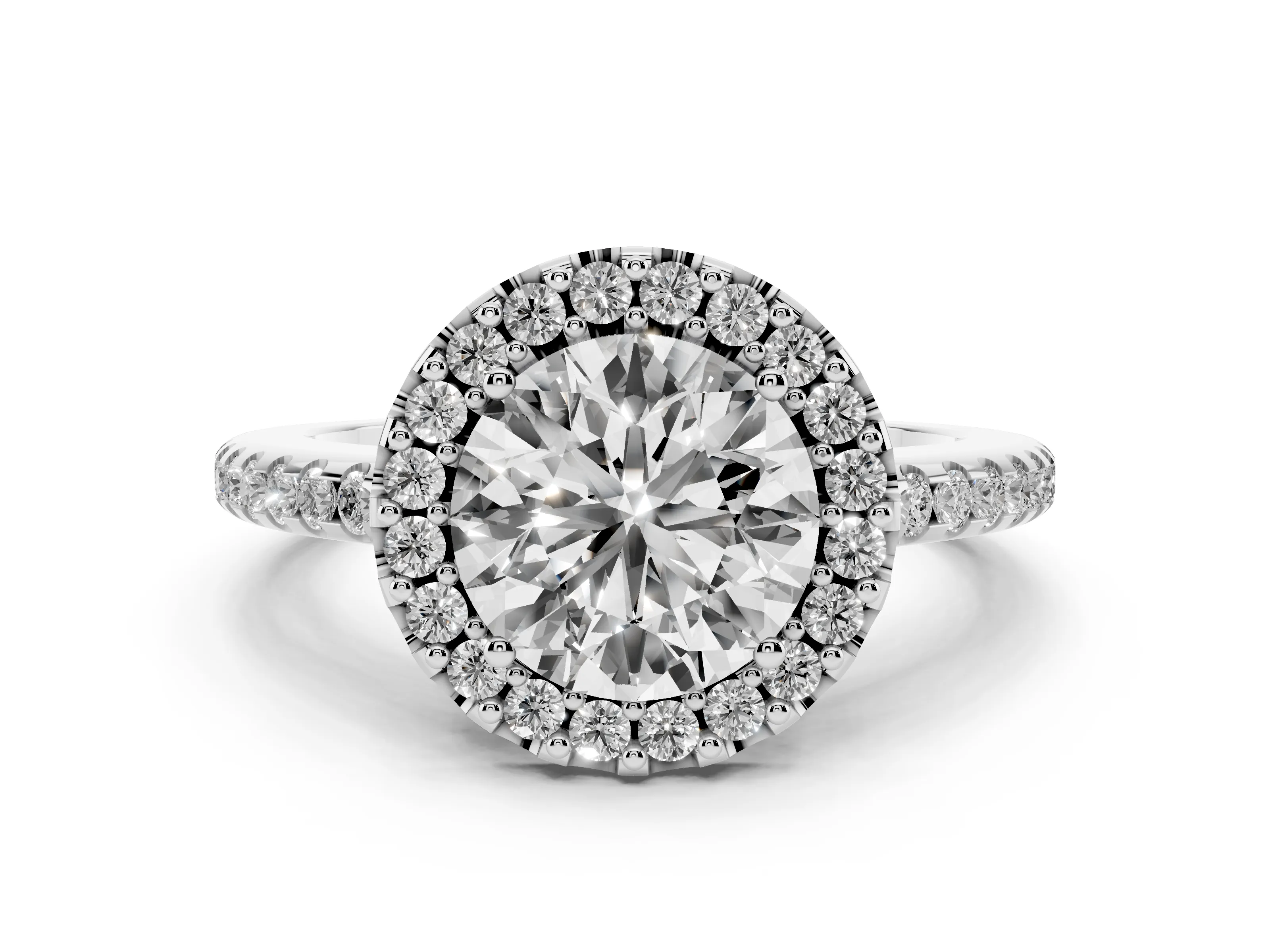 Round Cut Diamond Pavé Halo Ring Set in Platinum with Prong Setting