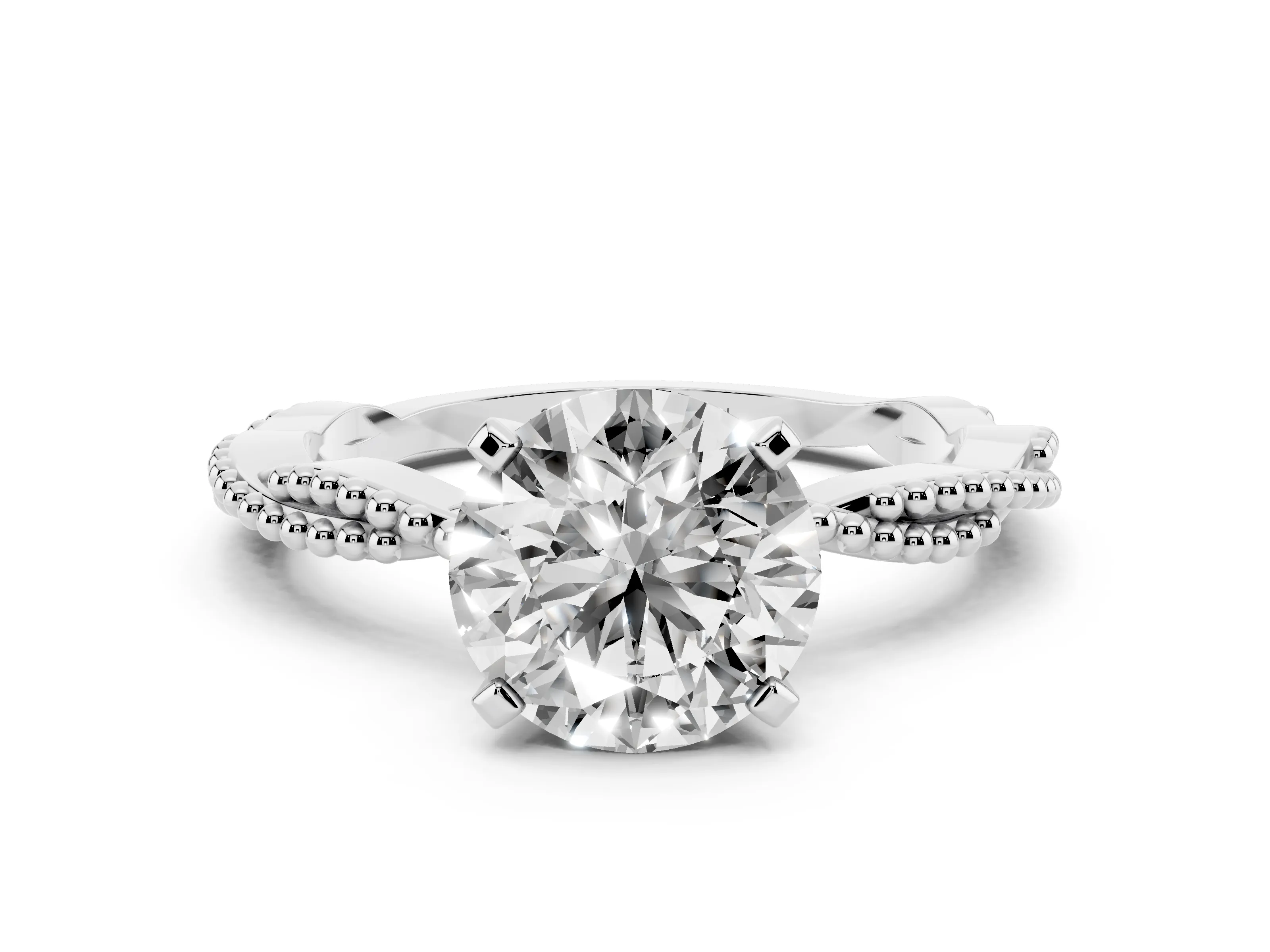 Round Cut Diamond Solitaire Ring Set in Platinum with Twisted Band and Bead Prong Setting
