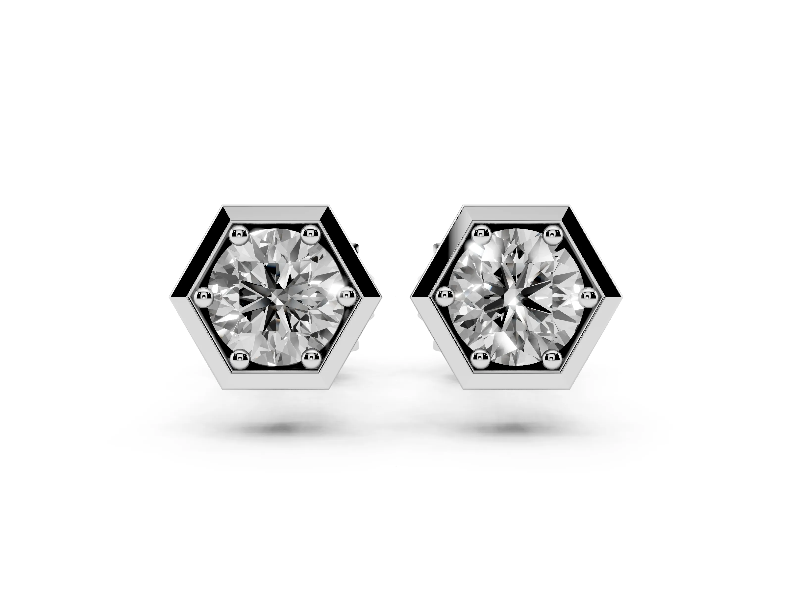 Round Lab-Grown Diamond Hexagon Frame Stud Earrings | Prong Set Solitaire | White Gold