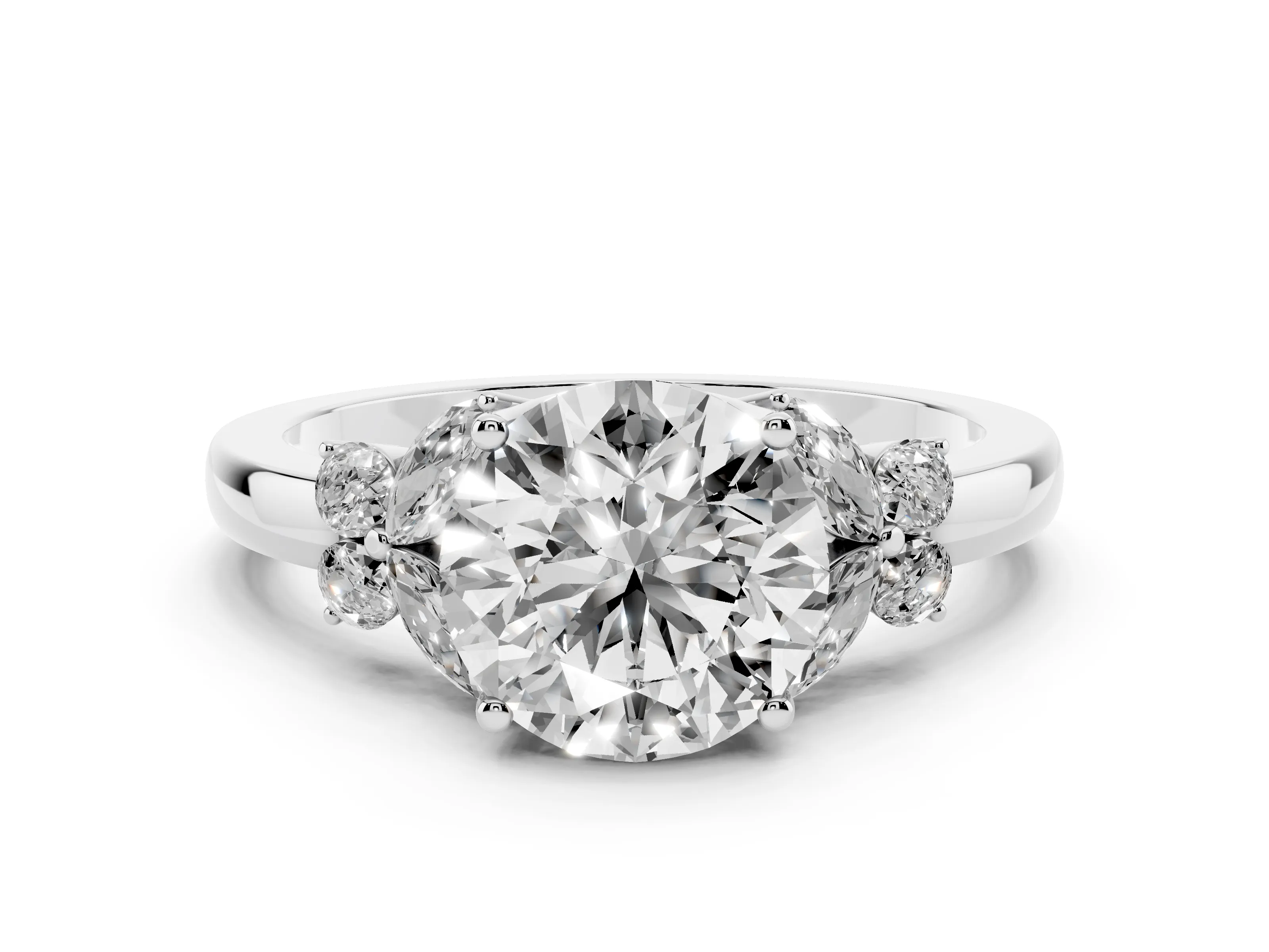 Round Cut Diamond Solitaire Floral Ring Set in Silver with Marquise Petals and Prong Setting