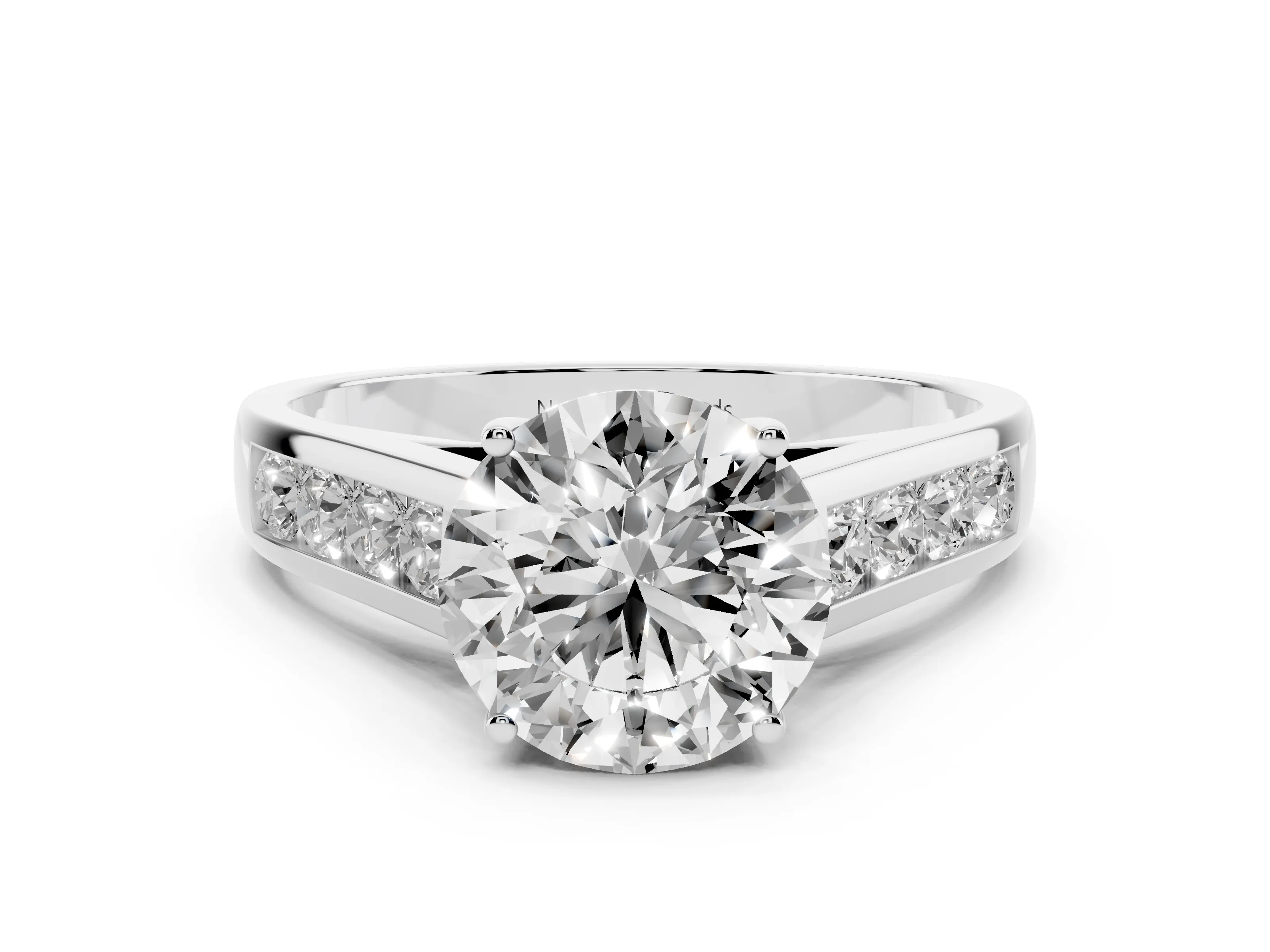 Round Cut Diamond Solitaire Channel-Set Engagement Ring Set in Platinum with Prong Setting
