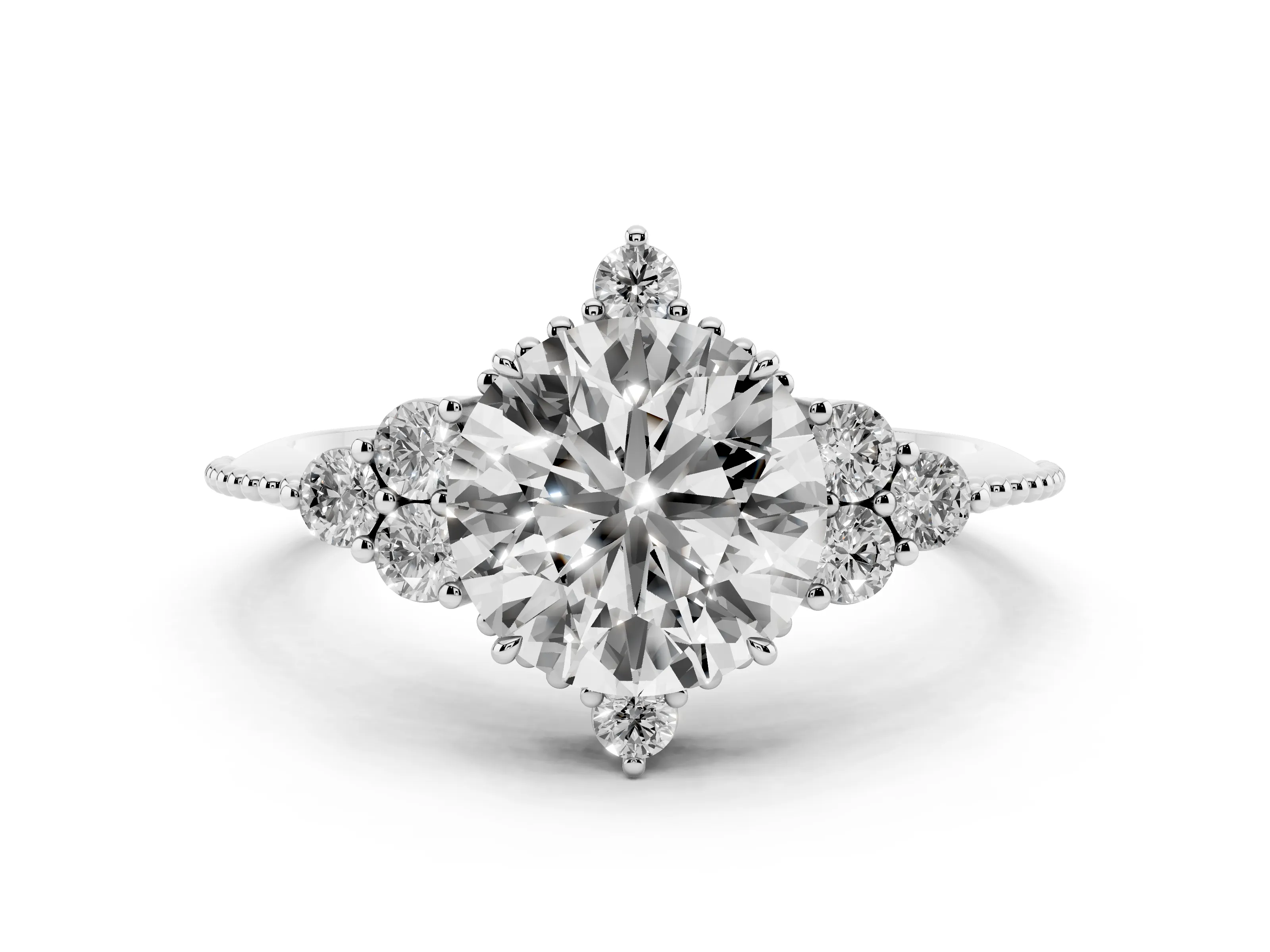 Round Cut Diamond Cluster Ring Set in Platinum with Beaded Band