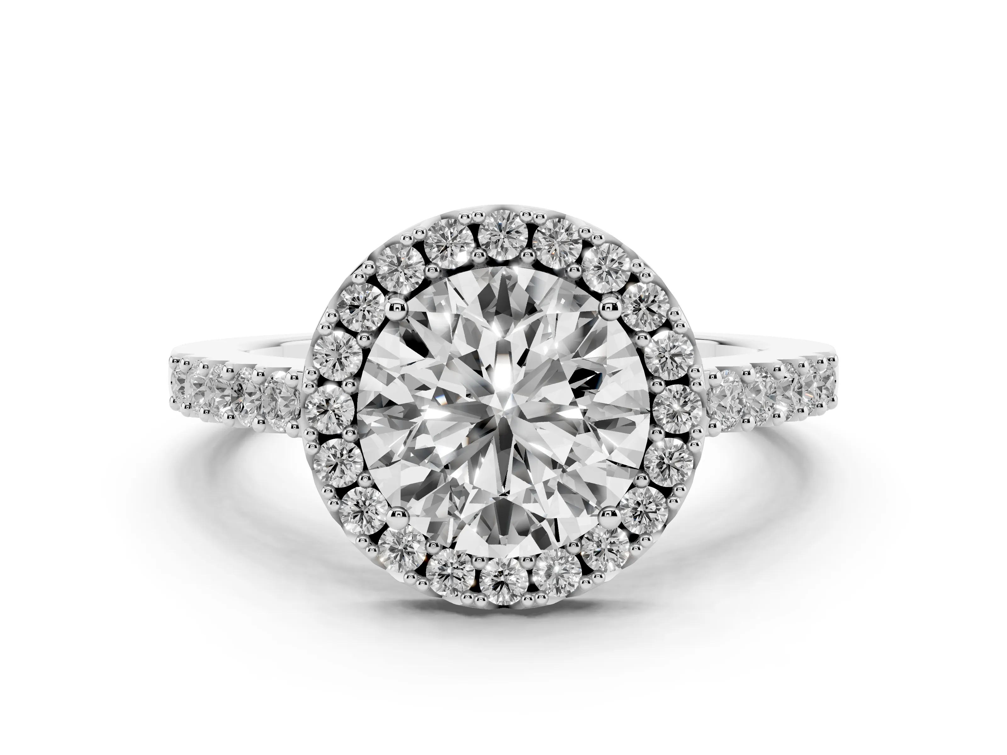 Round Cut Diamond Halo Pavé Solitaire Ring Set in Platinum with Prong-Set Center Stone