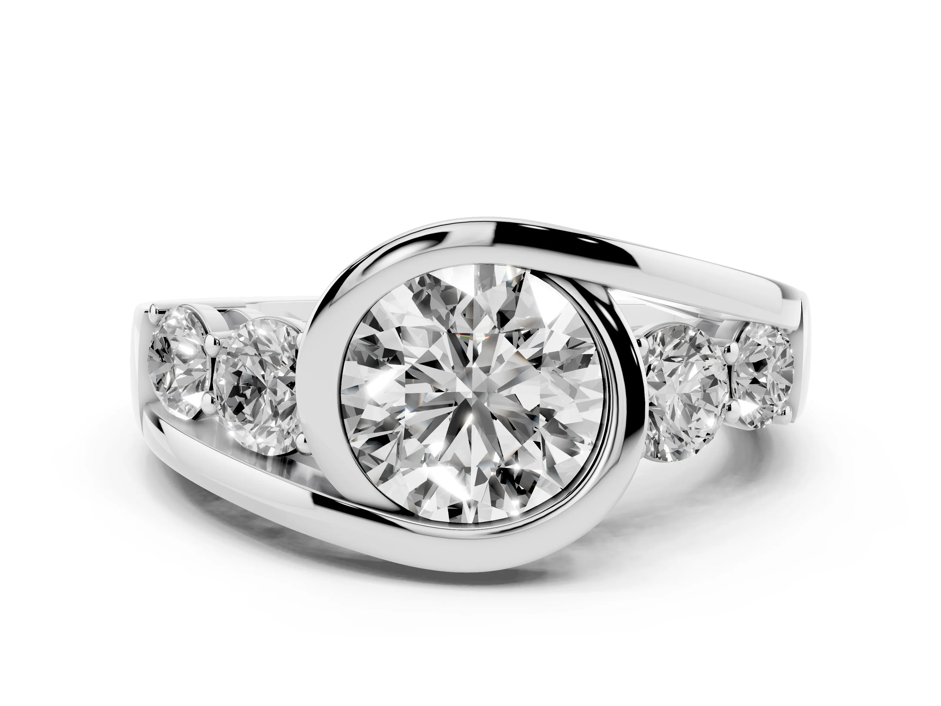 Round Cut Diamond Bezel Bypass Ring Set in Silver with Round Accents