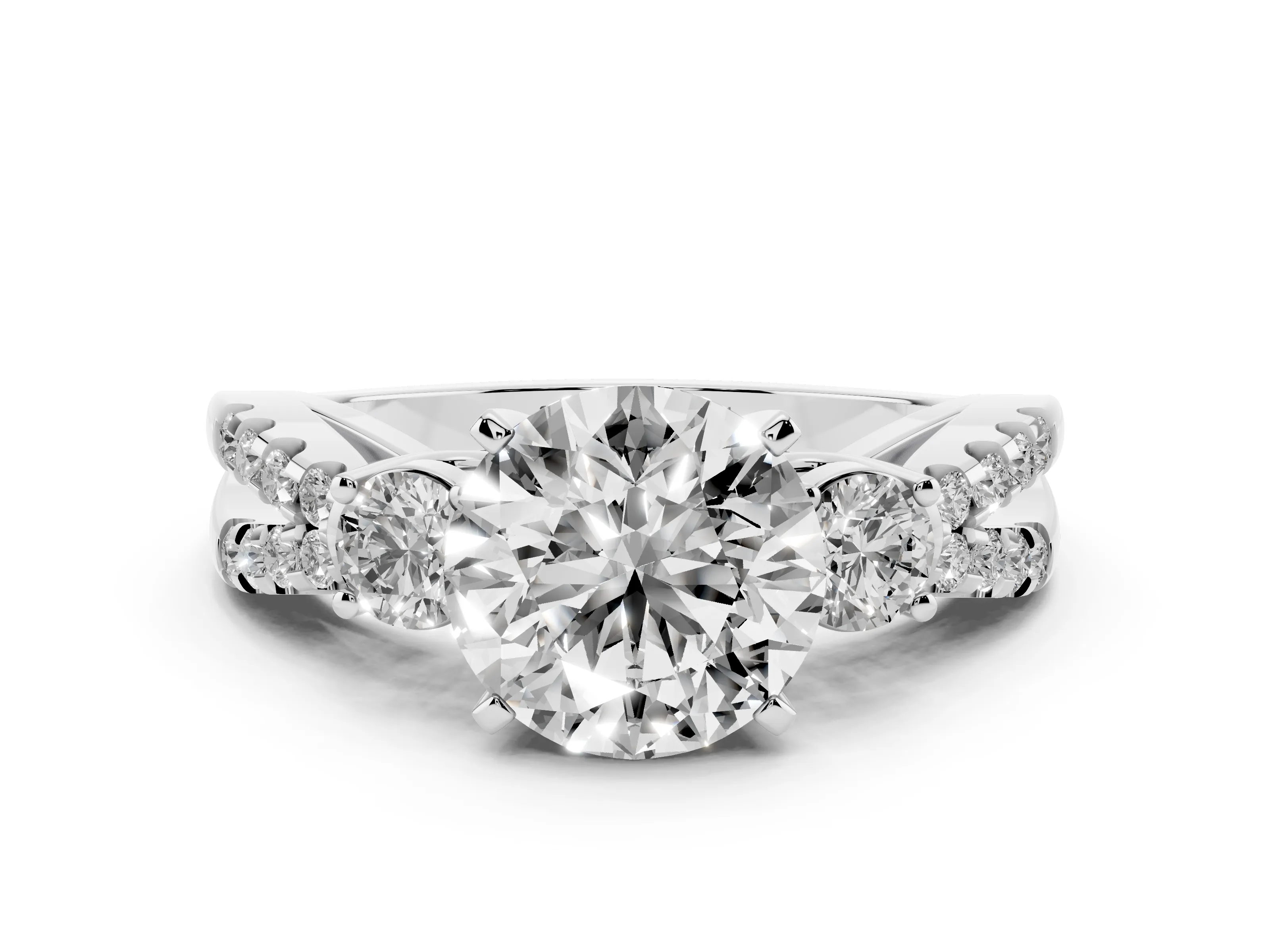 Round Cut Diamond Three-Stone Ring Set in Platinum with Pavé Split Shank and Prong Setting
