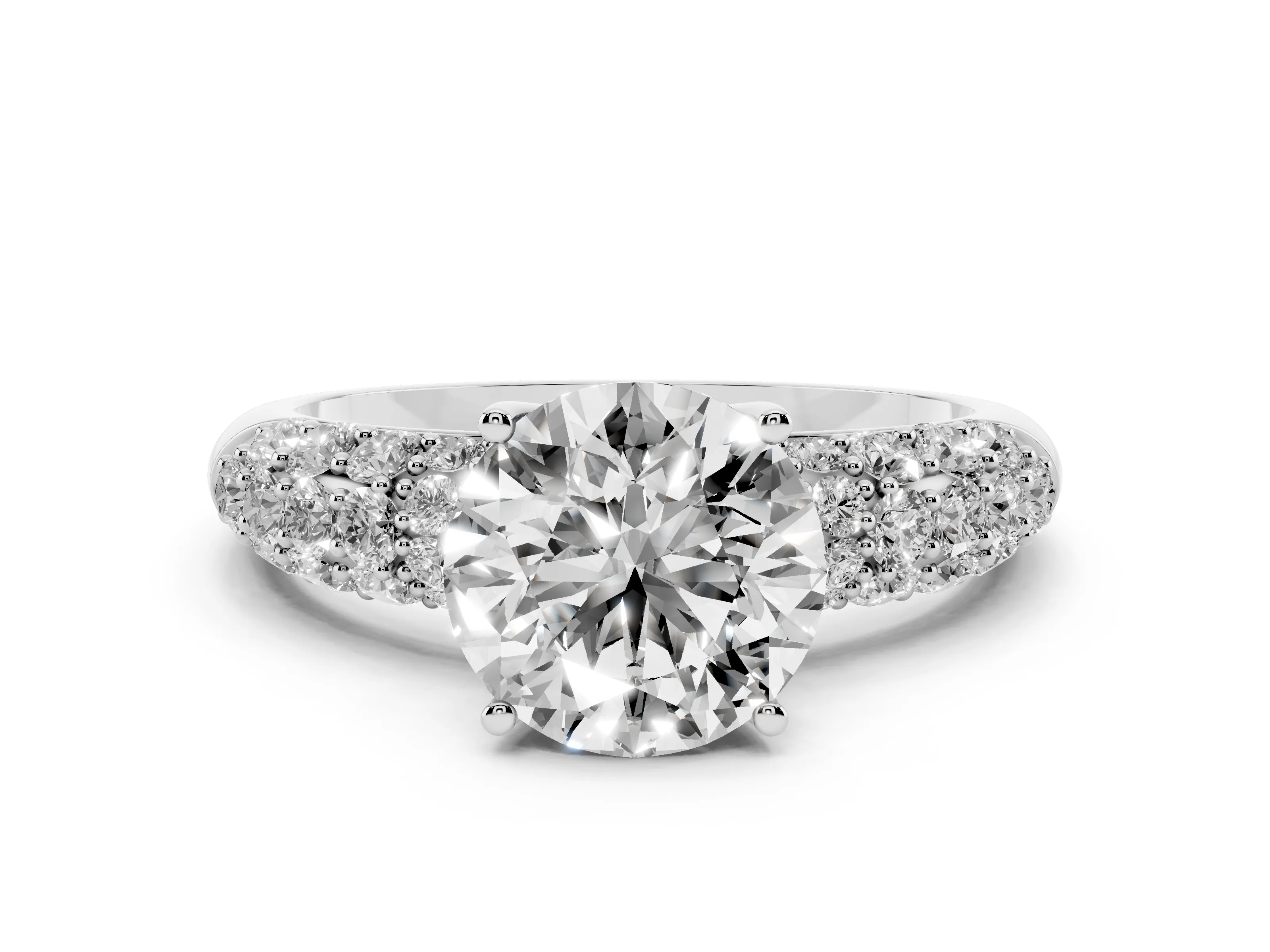 Round Cut Diamond Pavé Band Solitaire Ring Set in White gold with Close-Set Accent Stones and Prong Setting